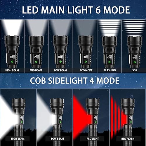 Miniatura 2 de KZK Linternas LED recargables de alto lúmenes, linterna USB extremadamente brillante, 10,000 lúmenes con luz de trabajo COB, 10 modos y luz de flash