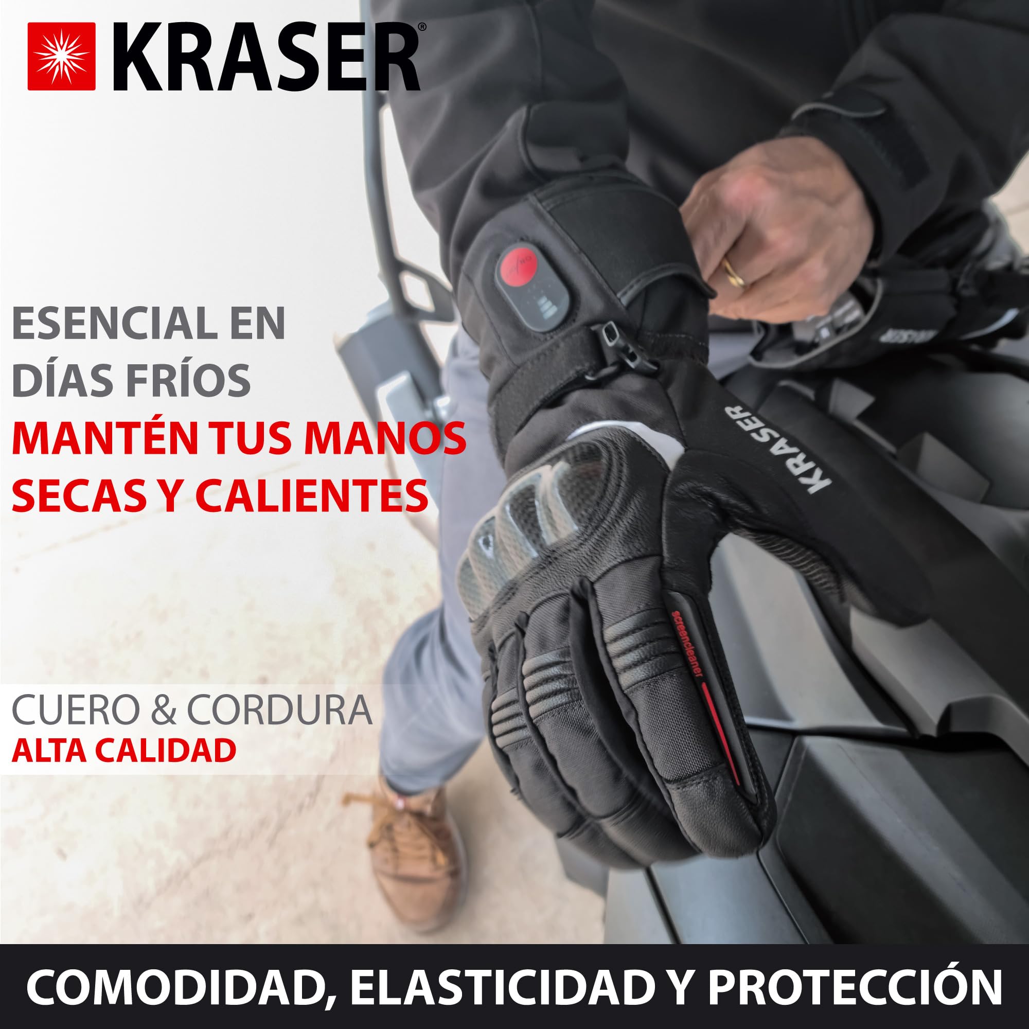 KRASER KRGS28 Guantes de Moto Premium Homologados CE, Calefactables e Impermeables, Testado Extremo y Protección Fibra Carbono, 3 Niveles de Calor para Invierno Hombre y Mujer