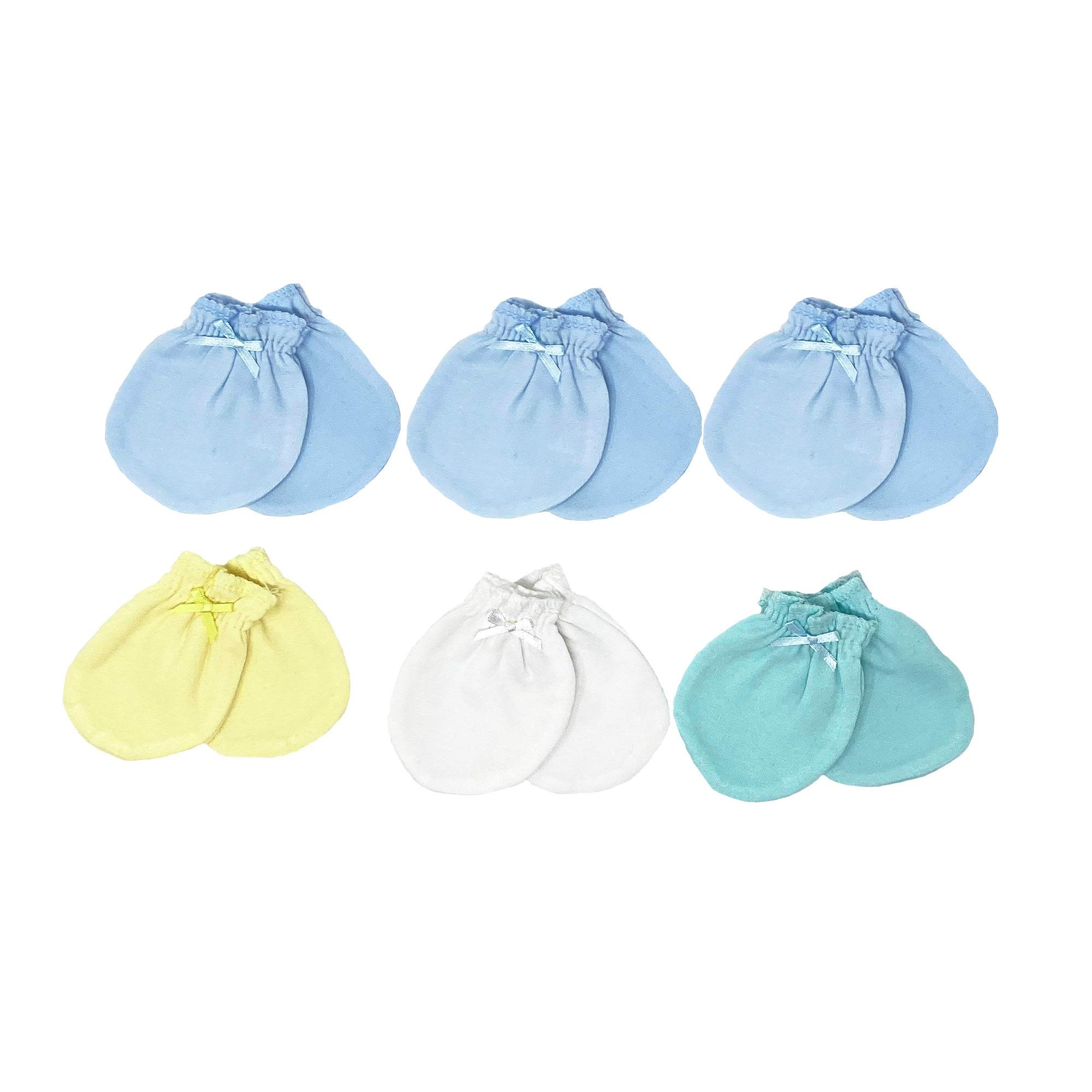I&S Newborn Baby Cotton No Scratch Gloves Mittens Girls Boys (6 pack - 3blues,1yellow,1white,1green)