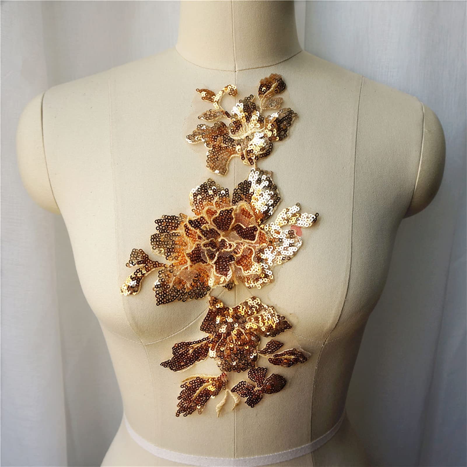 Bodice Embroidery Sequin Lace Applique, Gold White Red Blue Sequin Flower Lace Fabric Collar Embroidered Gown Appliques Mesh Sew Patch for Wedding Decoration Dress(Gold)