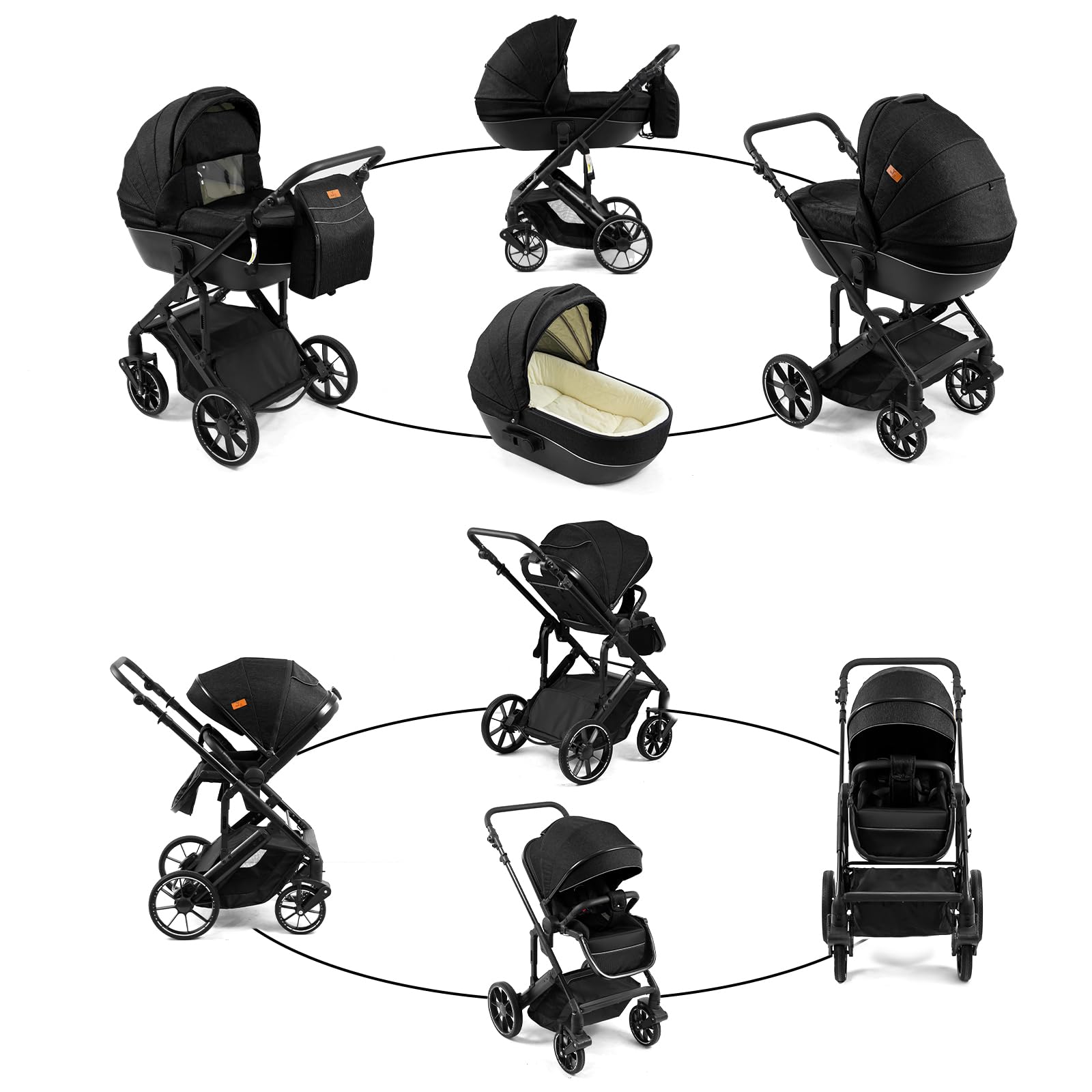 Veitoalioy Passeggino 4 in 1 Trio Neonati, Per Neonato 4 in 1 Passeggini, Carrozzino multifunzione Un clic frenata e paesaggio alto può essere spinto avanti e indietro, Pieghevole (688 Yellowish)