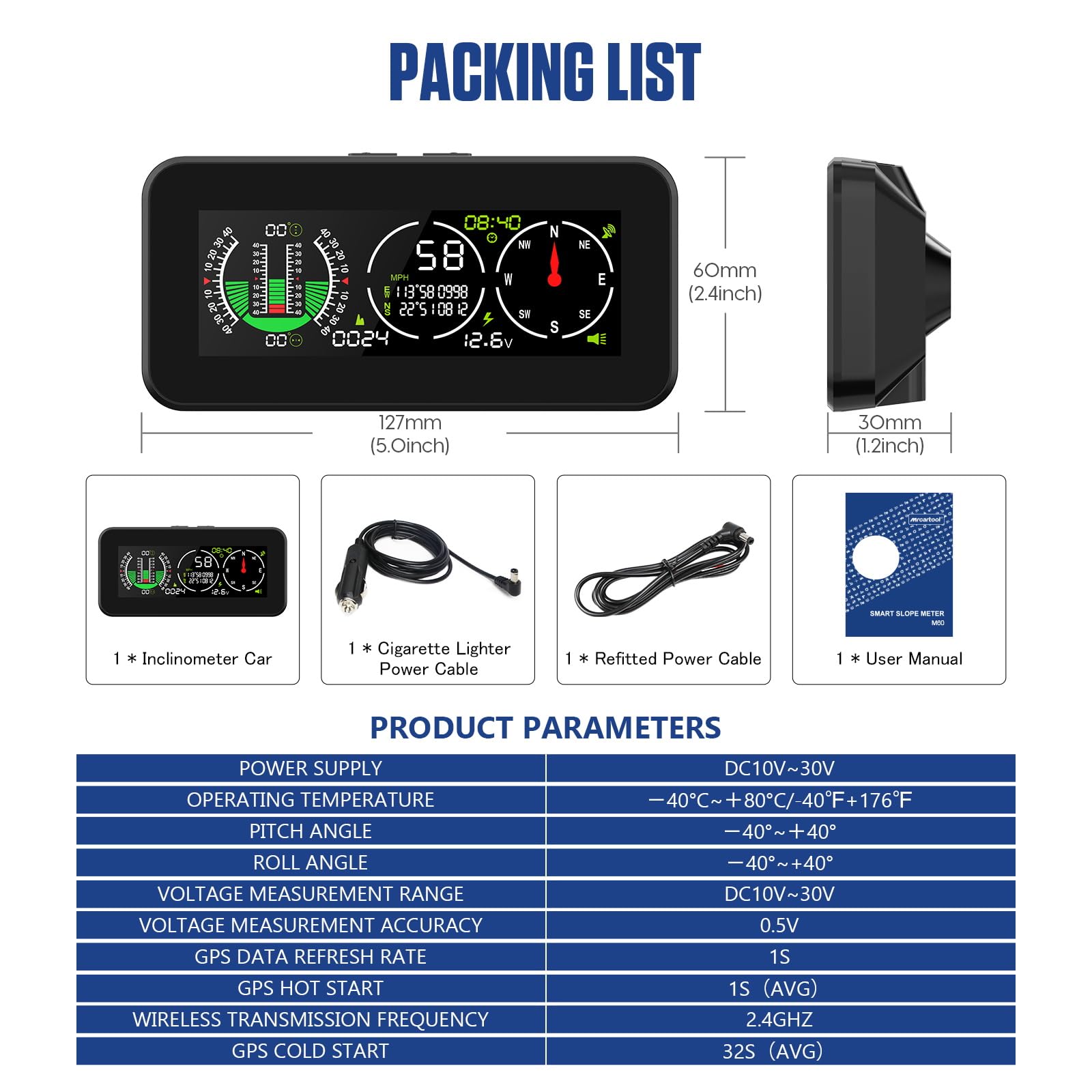 PLAYOCCAR M60 GPS Velocità e pendenza Giroscopio multiasse integrato Indicatore livello inclinazione Contatore velocità Smart Slope Meter