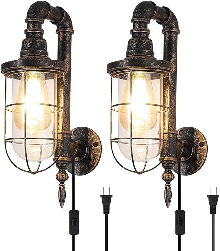 Miniatura 1 de Aplique de pared industrial E26 Edison antiguo con interruptor de encendido y apagado de cable de 5.9 pies, apliques de pared rústicos para