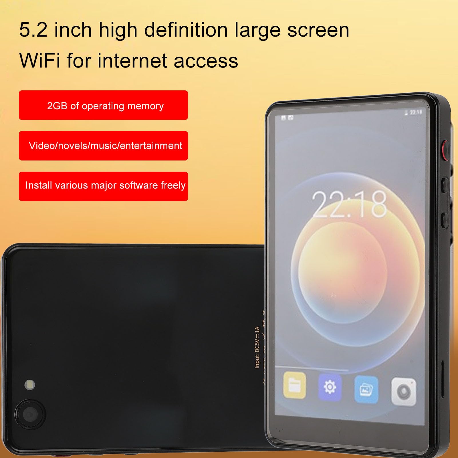 Reproductor MP4 con Bluetooth, Pantalla Táctil Completa de 5,2" | RAM 2GB+ROM 16GB, 2500mAh, con Auriculares con Cable de 3,5 Mm y Estuche Protector