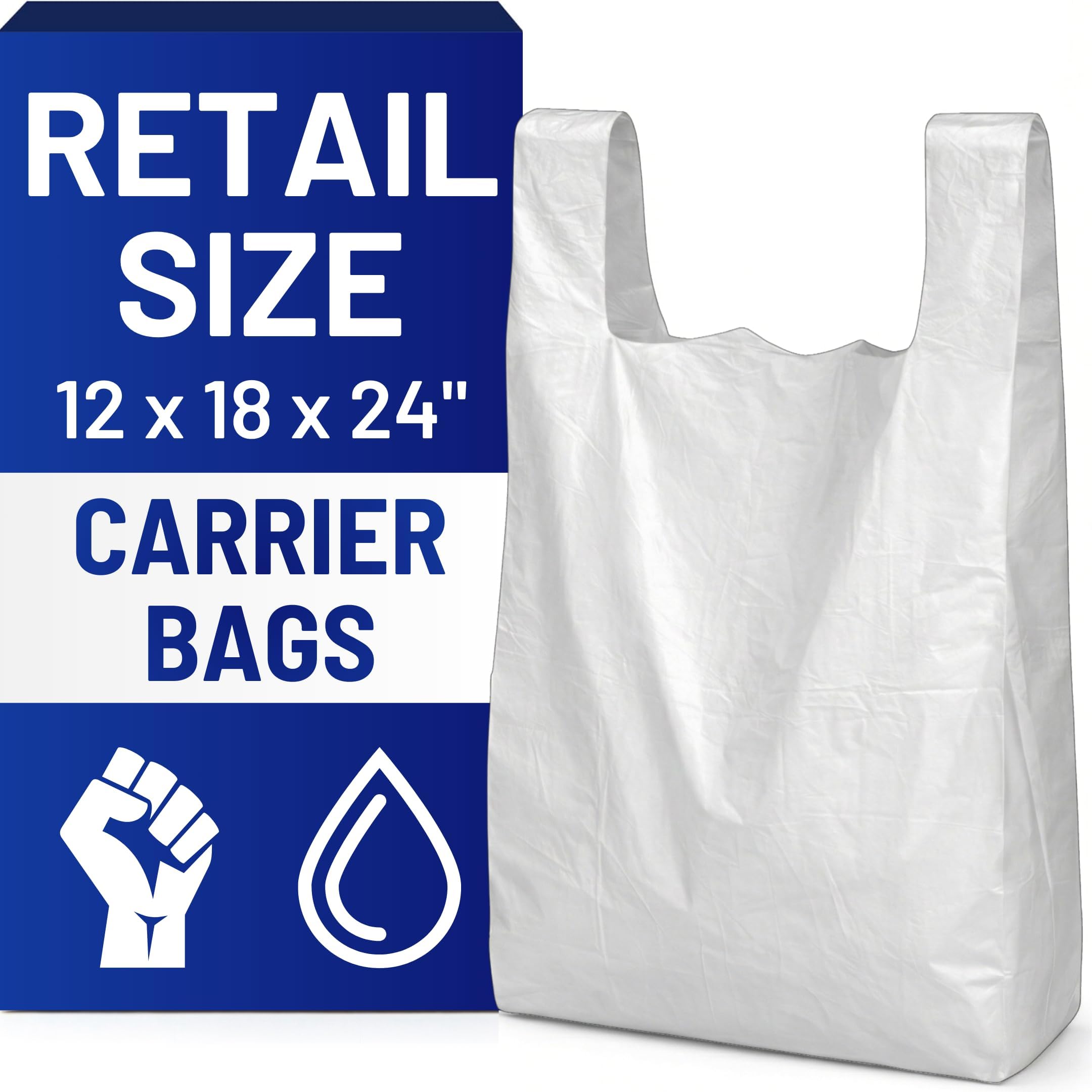 PWgoods Plastic Carrier Bags White - Standard Retail Size 12x18x24, 200 Pack, Medium Duty Large Carrier Bag with Handles, Groceries Retail Shopping Takeaway Bin