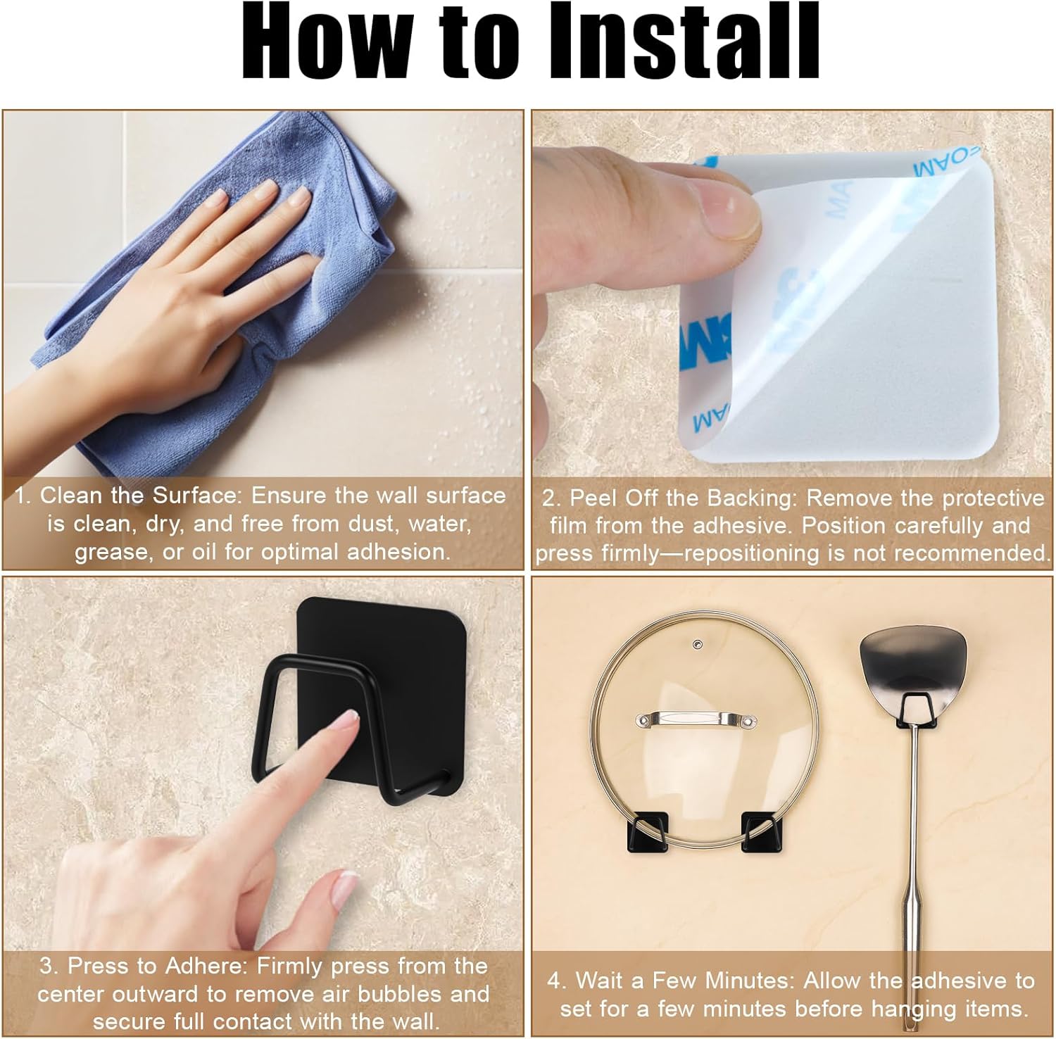 Under Cabinet Cutting Board Holder – 12 Pack Pot Lid & Chopping Board Organizer Rack, Stainless Steel Adhesive Storage for Kitchen Cabinets & Counter, No Drilling Required (Black) - Image 4