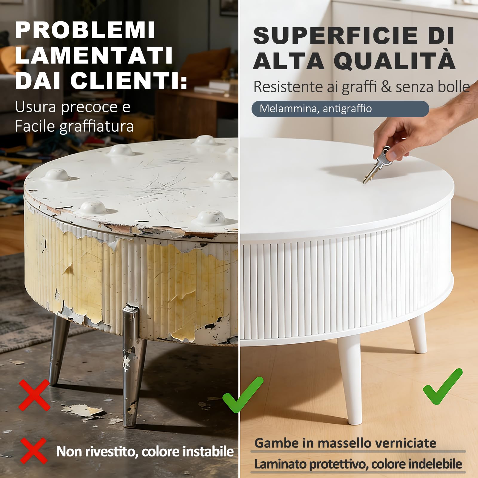 Mesa de Centro Redonda, Mesa Centro Salon con espacio de almacenamiento,Mesa de Café de estar en estilo moderno, con cajones, estanterías dobles y altura ajustable, Extensible y plegable,Color Blanco