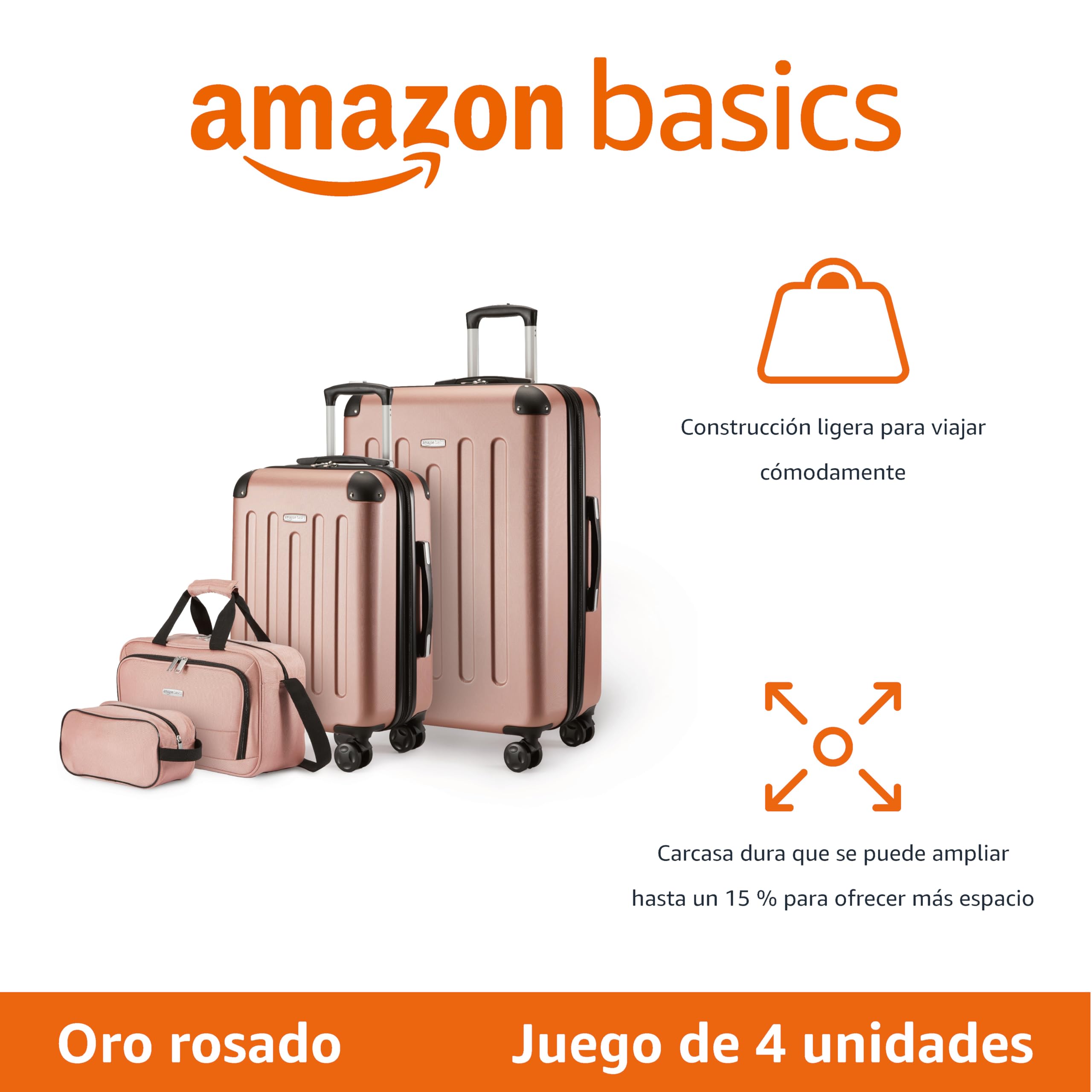 Amazon Basics Equipaje de Mano rígido con Ruedas, Juego de 4 Unidad, Maleta Grande, Bolsa de Mano y Viaje compacta, Ampliable, 4 Ruedas giratorias, Oro Rosa