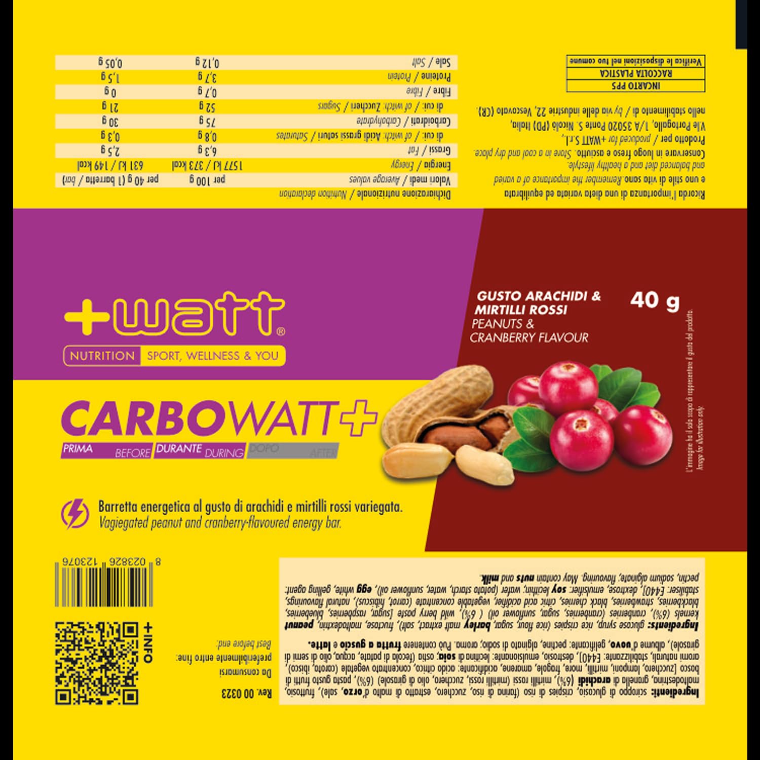 Carbowatt+ Barretta Energetica a Base di Carboidrati con Maltodestrine e Fruttosio - Barretta ad Azione Pro-energetica per il Breve e Lungo Termine (20 barrette, Arachidi e mirtilli rossi)