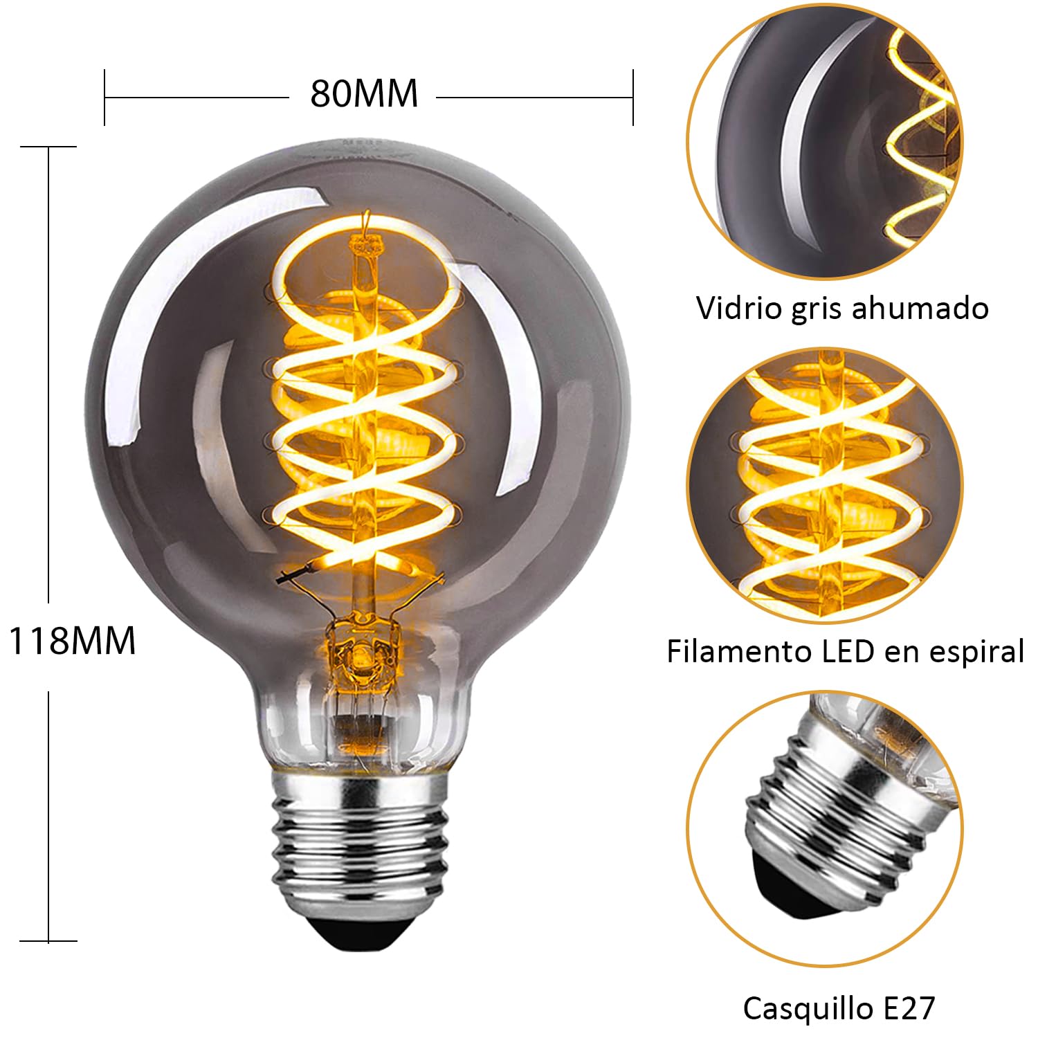 Bombilla LED Vintage E27, Edison LED Bombilla Regulable 4W (Equivalente a 40W) G80 360LM Luz Calida 2400K - Vidrio ahumado, Paquete de 6