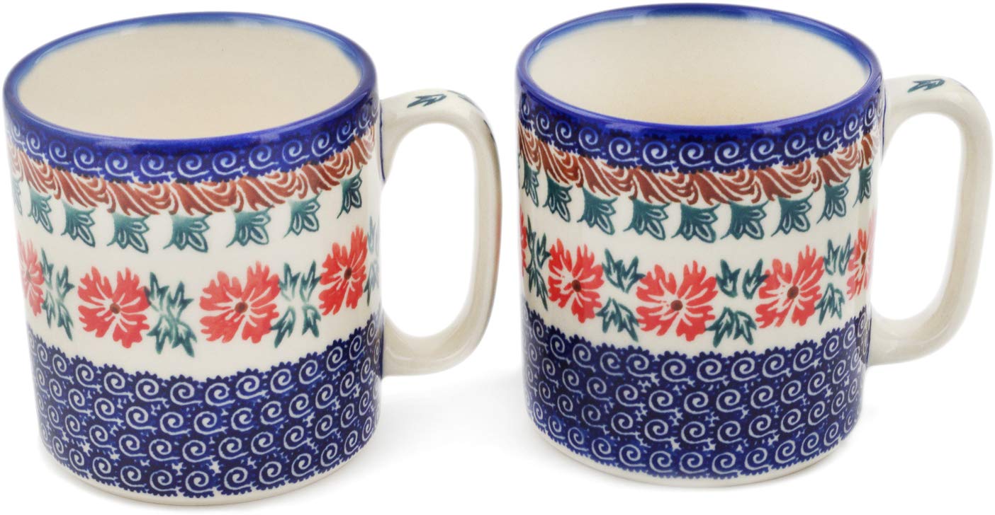 Polmedia Polish Pottery Set of 2 Mugs 24 oz - Red Cornflower Pattern Handmade in Boleslawiec Poland by Ceramika Bona + Certificate of Authenticity