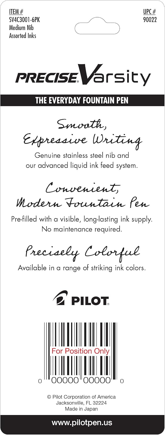 Pilot Precise Varsity Pre-Filled Fountain Pens for Writing, Medium Point Stainless Steel Nib, Black/Blue/Purple Ink, 1.0mm, 3-Pack