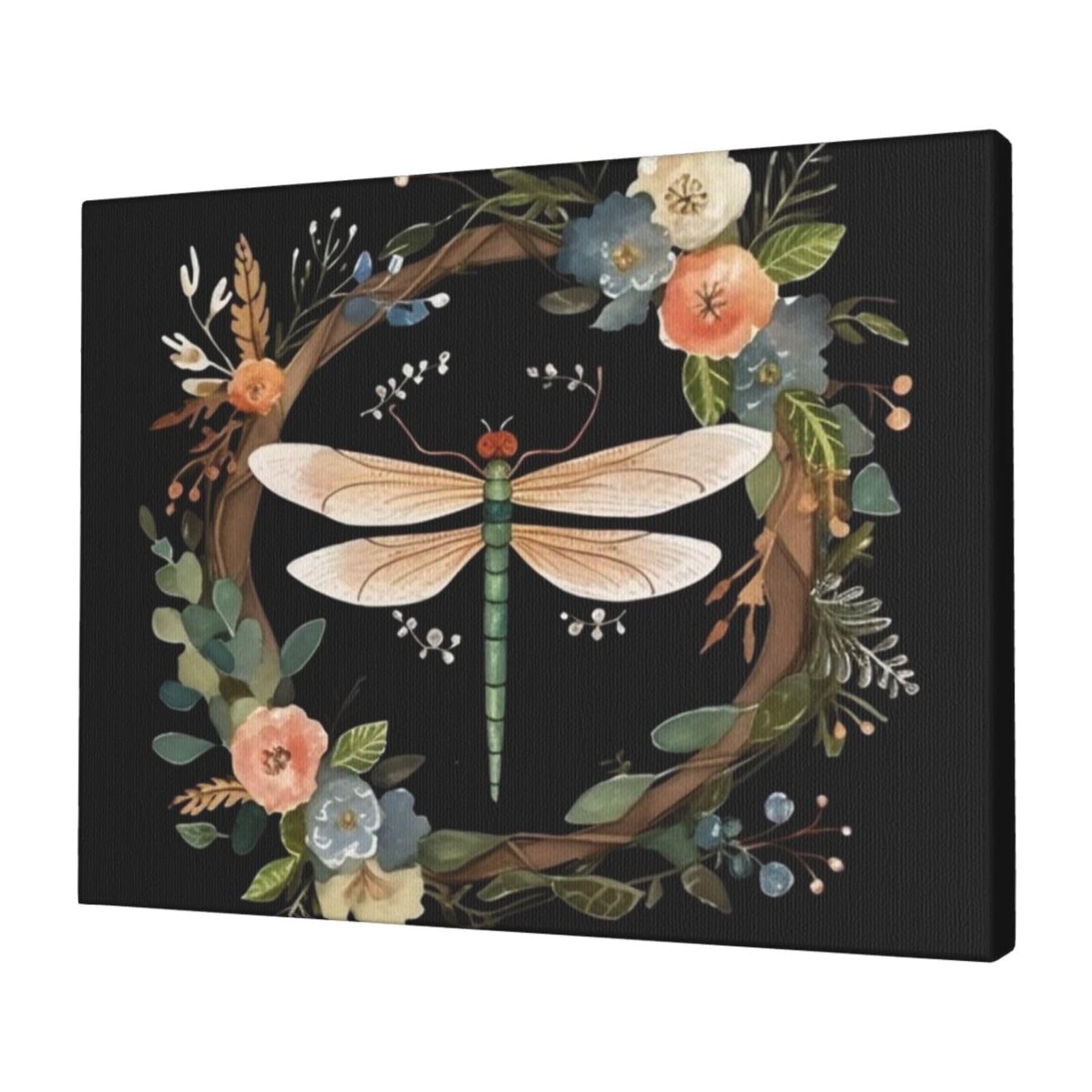 KLOPH Image of dragonfly in wreath Canvas Wall Art for Living Room 12"x16" Modern Artwork Painting for Bathroom Hanging Canvas Prints Aesthetic Wallart for Bedroom Kitchen Office Wall Decor