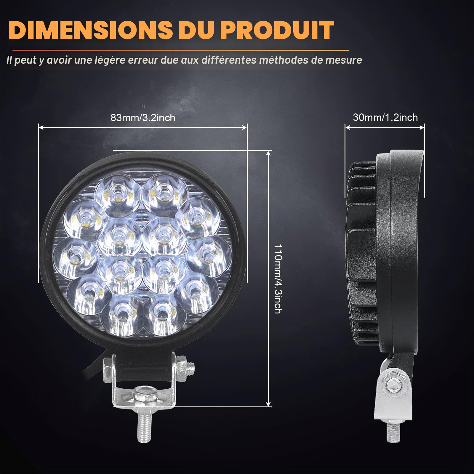 RIGIDON 10x rond phare de travail led, 3,2 pouces mini 42W 12V 24V lampe