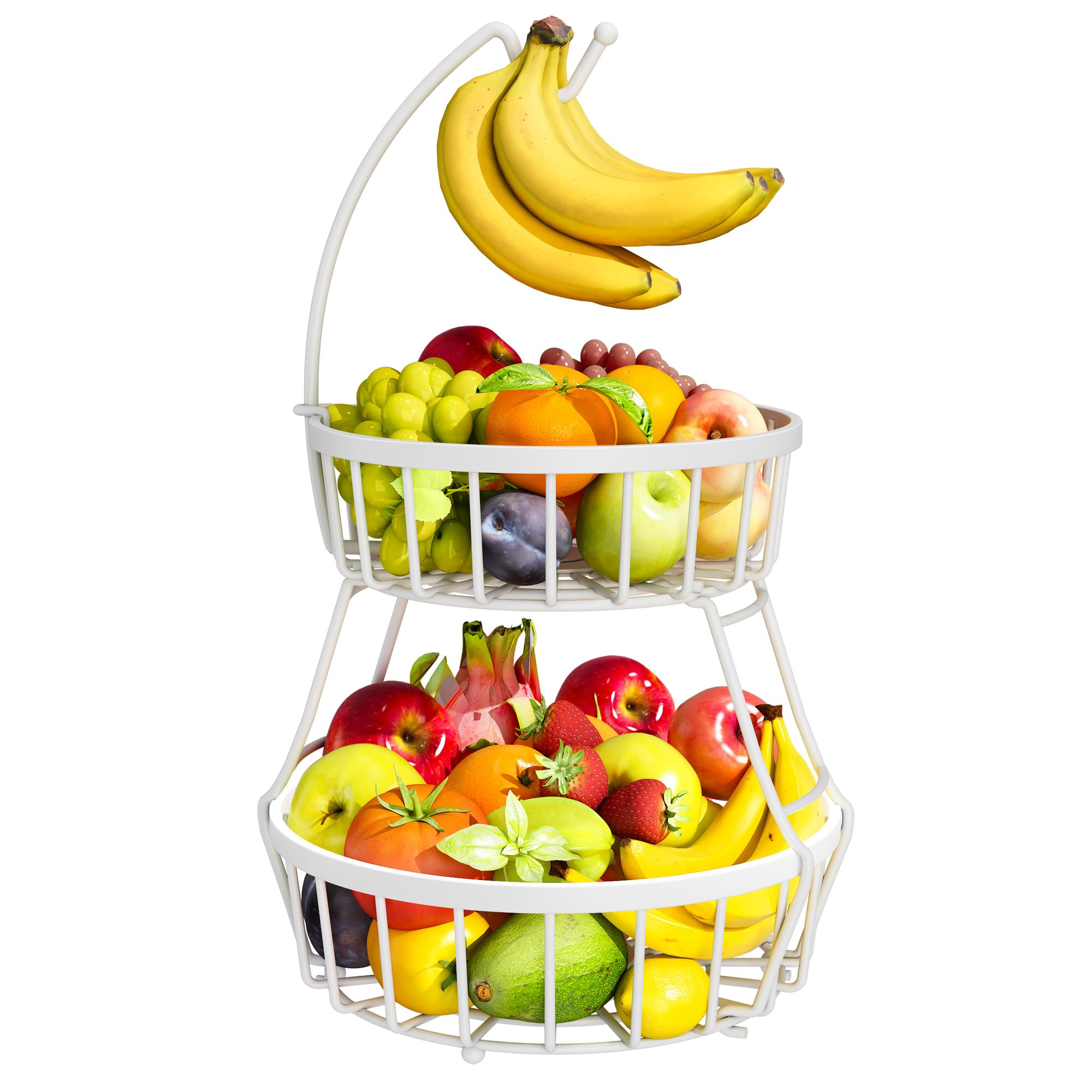 OrderlyGo Thicken Fruit Bowl Basket with Banana Hanger - Durable Detachable Kitchen Countertop Organizer for Fruits, Vegetables, Snacks, Metal Wire Countertop Storage Basket for Kitchen (White)