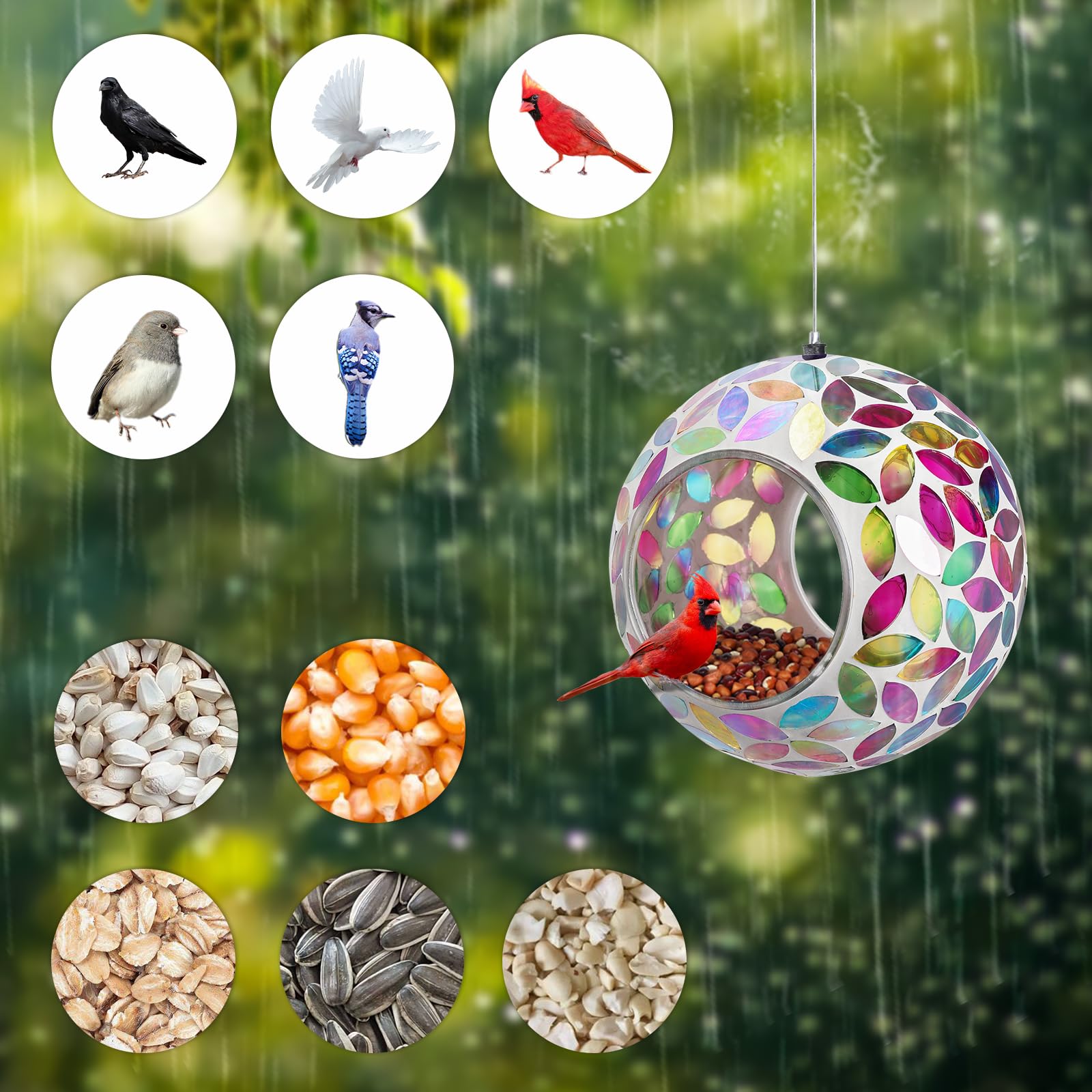 Yinns Vogelfutterstation – Mosaik-Glas-Vogelfutterstation zum Aufhängen, Fliegen-Durchfliegen mit ovalem Buntglas, Gartendekoration, 16,5 cm, bunt