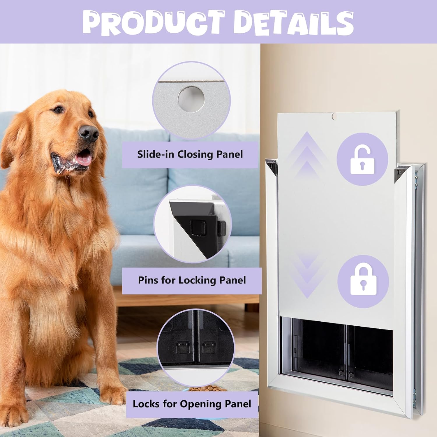 Sliver Pet Door with Panels, Aluminum Dog Door with Automatic Closing Magnetic Flaps, Large Doggie Door, Slide-in Panel & 4 Security Locks, Suitable for Doors, Screen and Wall