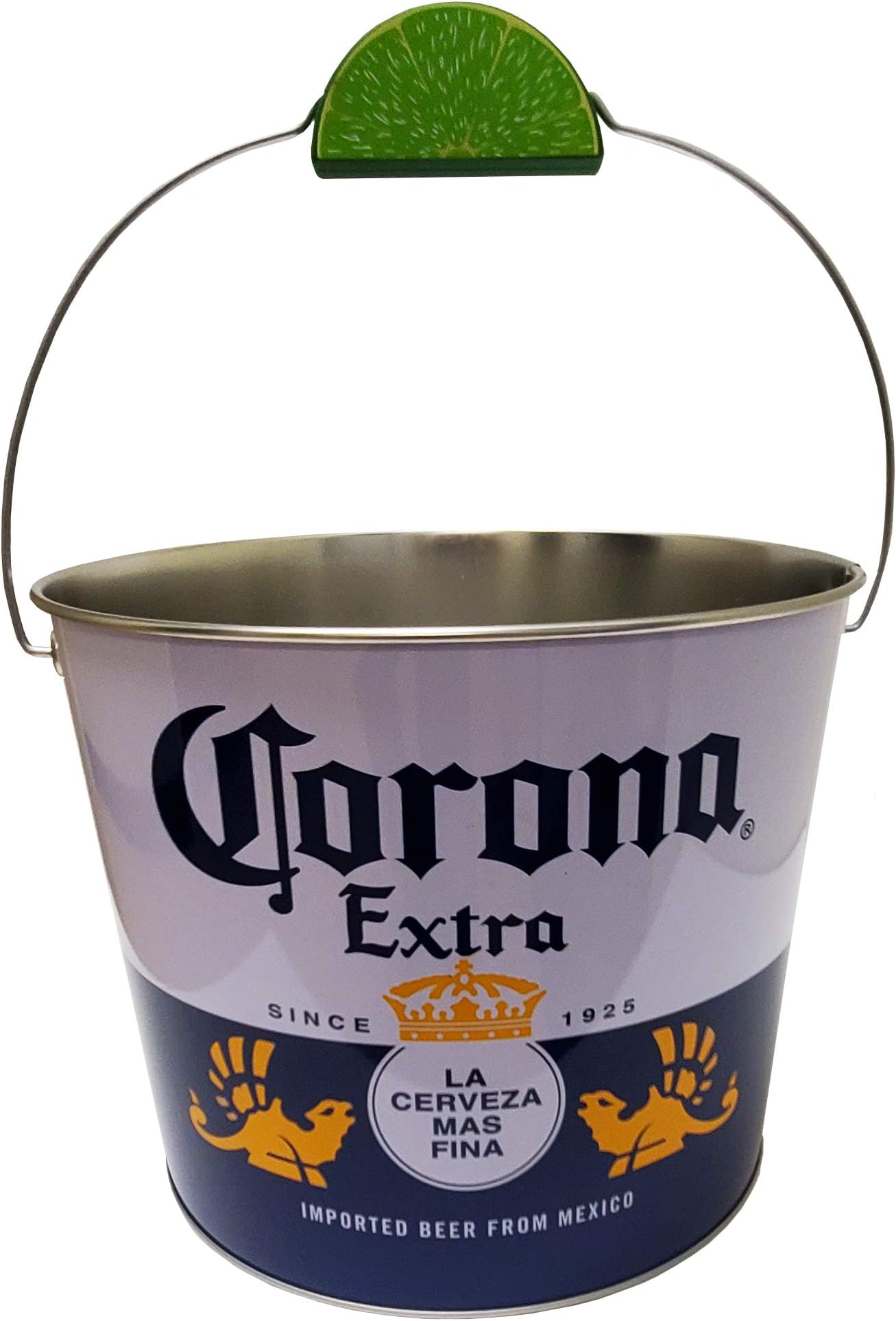 Corona Beverage Bucket with Wire Handle and Lime Grip, White and Blue