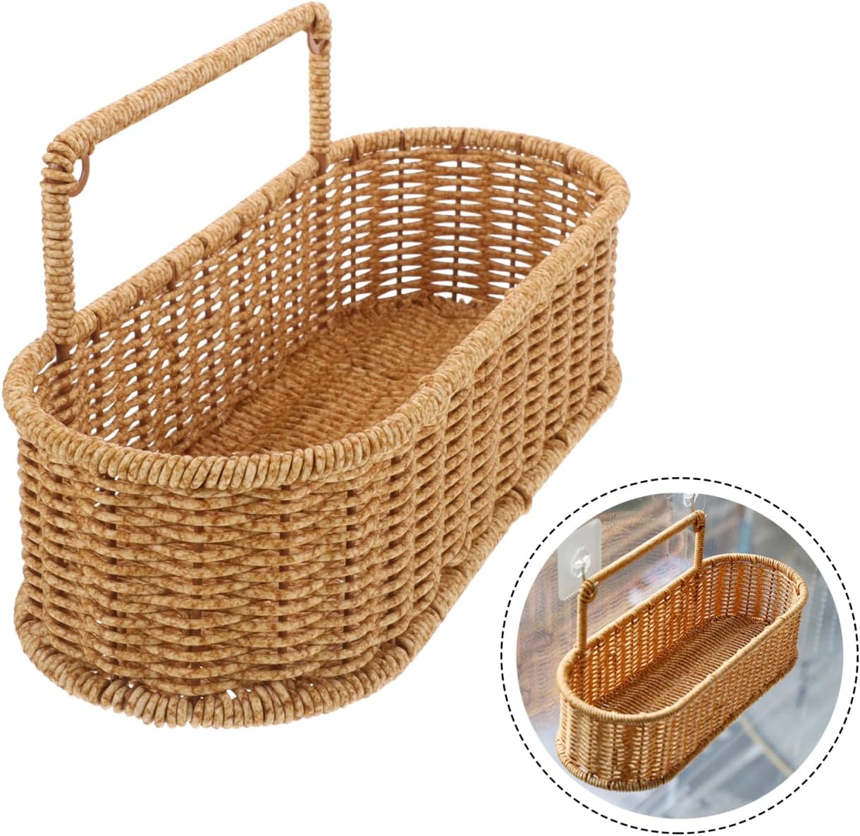 Unomor Yellow Plastic Woven Wall Hanging Basket for Bathroom Storage Oval Rattan Style Shower Caddy Organizer for Kitchen Pantry 12.60 x 5.71 Inches