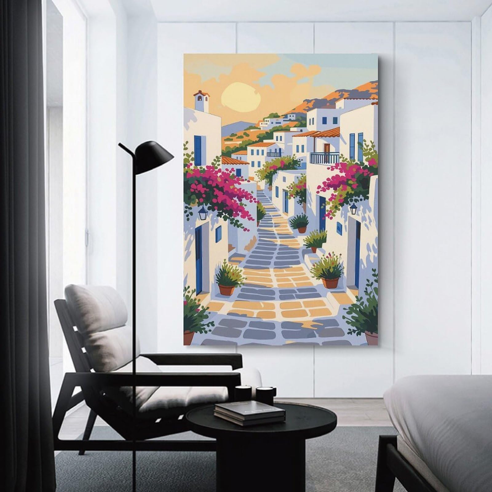 Junmoney Greek Village Street Scene Illustration Decorative Wall Artwork, 24x36inch(60x90cm), for New Homes, Bedrooms Or Workspaces, Gift Idea for Housewarming And Birthdays