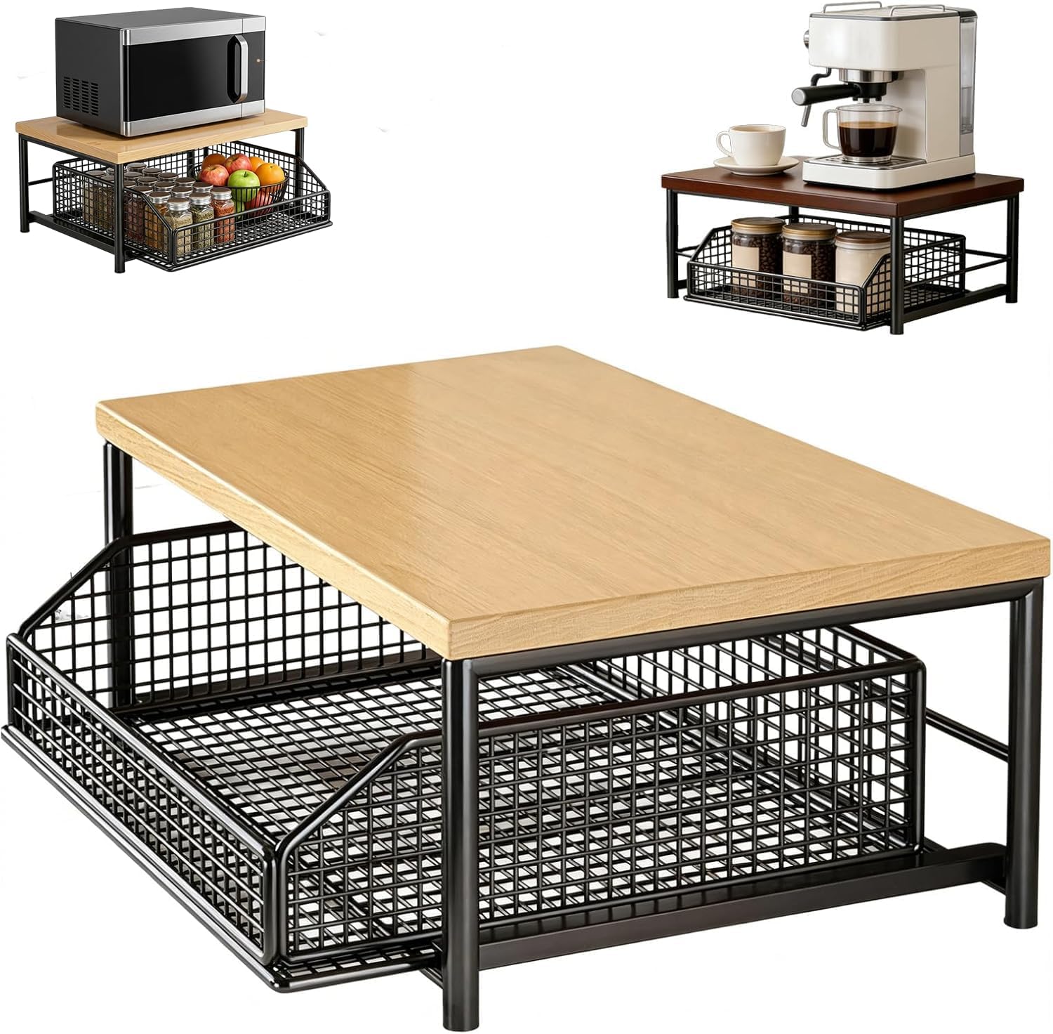 Kitchen Countertop Organizer with Drawer and Wire Basket – Wooden Storage Shelves, Pull Out Spice Rack, Coffee Bar Organizer & Tea Bag Holder, Versatile Kitchen Storage (Natural wood color + black)