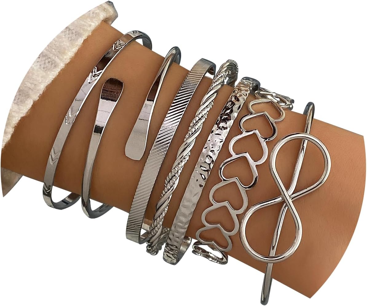 17IF Silver Bangle Bracelet for Women, 14k Multilayer Charm Textured Stackable Bracelets Lightning Bangles Indian Chunky Cuff Fashion Jewelry Gift