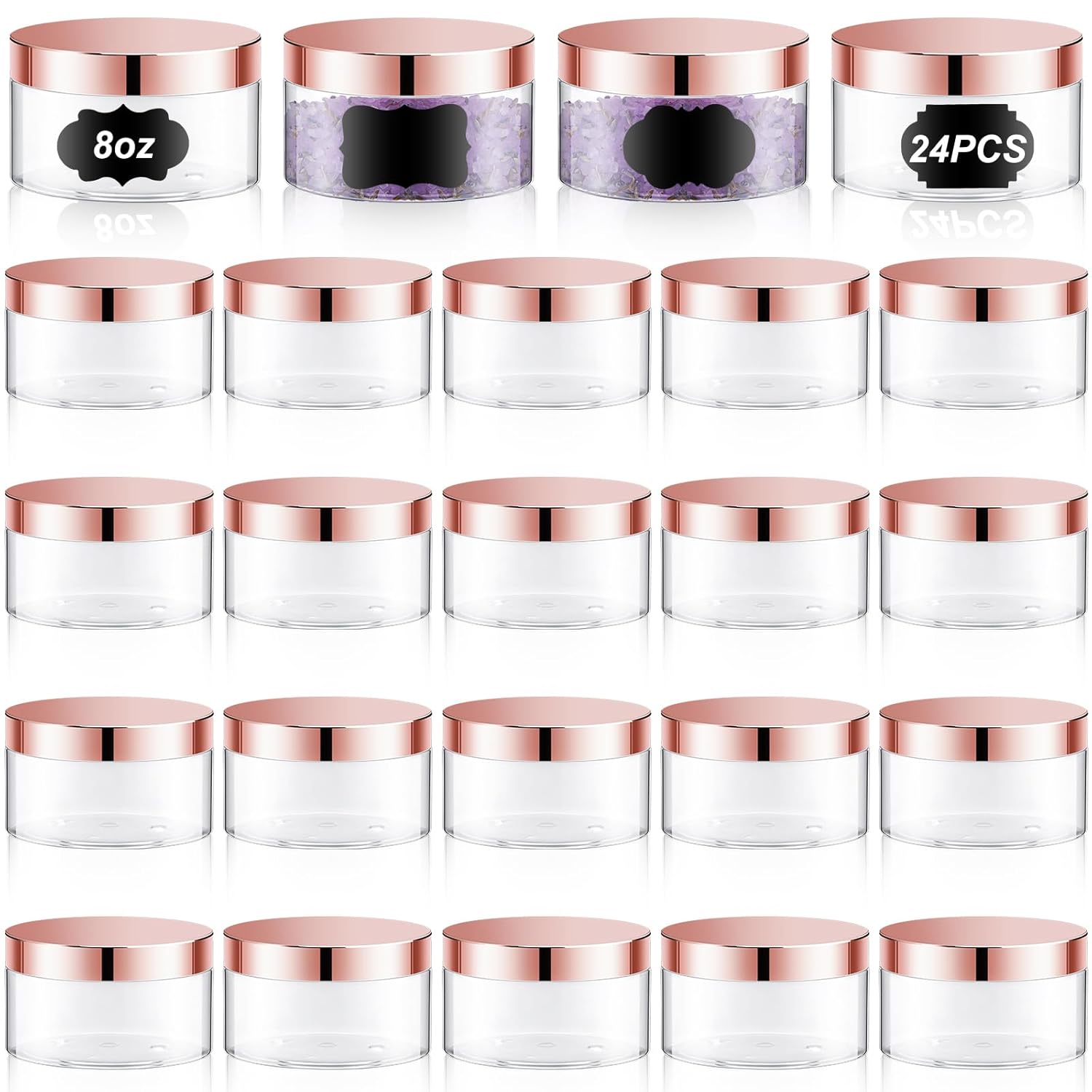 Dandat 24 Pcs 8 oz Plastic Jar Container with Lid and Label Refillable Empty Round Clear with Rose Gold PET Cosmetic Sample Slime Containers for Lotion, Cream, Ointments, Body Butter, Travel Storage