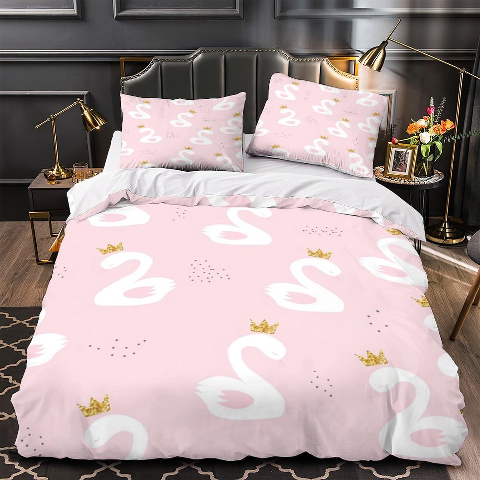 Housse de couette cygne 140x200 rose en microfibre