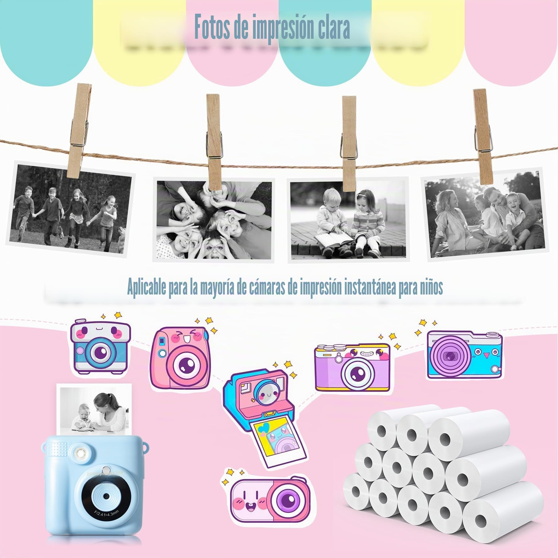 Papel de Impresión Para Cámara Infantil,Impresora para Cámara Portátil de Impresión Instantánea para Niños, Papel Impresora Termica (Blanco-12)