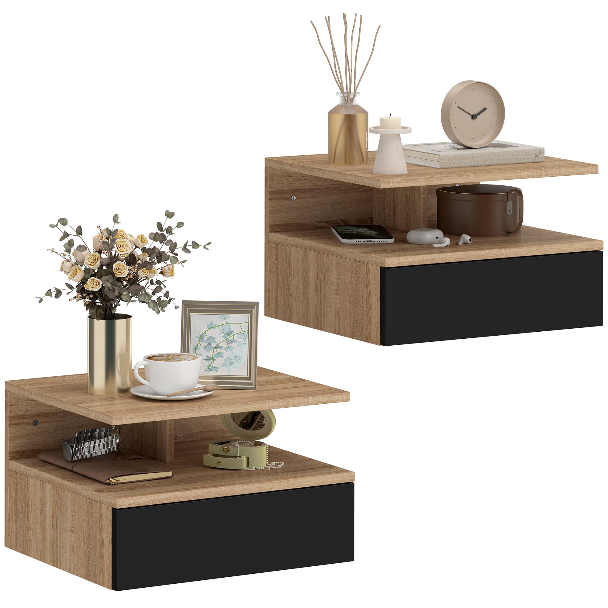 HOMCOM Set da 2 Comodini Sospesi per Camera da Letto, 2 Comodini per Camera da Letto Soggiorno, Salvaspazio Design, con Cassetto e Mensola Superiore in Legno, 35x32x22.5cm, Nero e Rovere