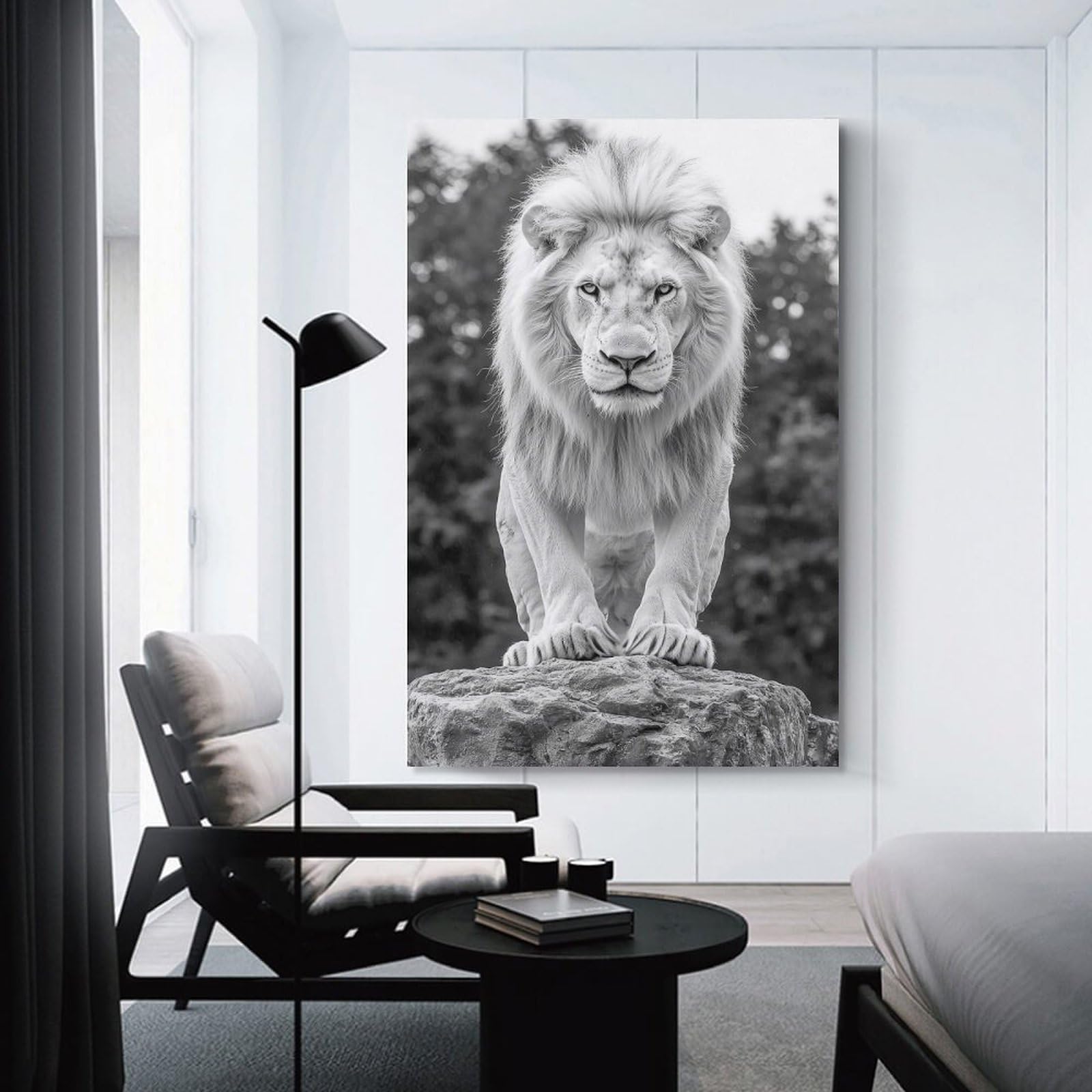 Junmoney Unframe-Style-22 Canvas Wall Decor White Lion Portrait, 24X36inch(60X90cm), For Home Lounge, Bedroom Or Reading Nook, Eye Catching Artwork For Blank Walls