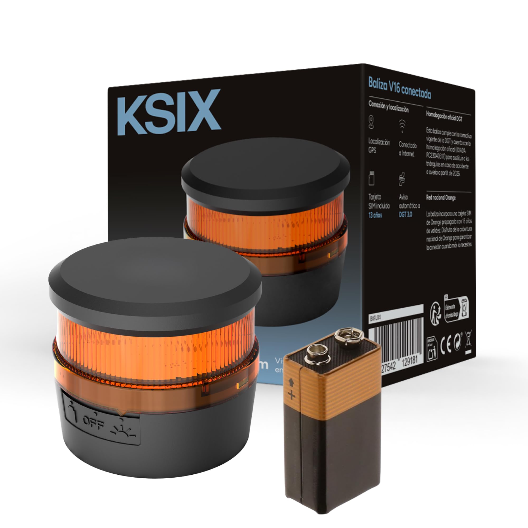 KSIX Safety Light IoT, Emergency Light Car Approved DGT 3.0, Beacon V16 with Geolocation and SIM, Replaces Mandatory Triangles, Magnetic Base, Visibility 1 km, Battery Included