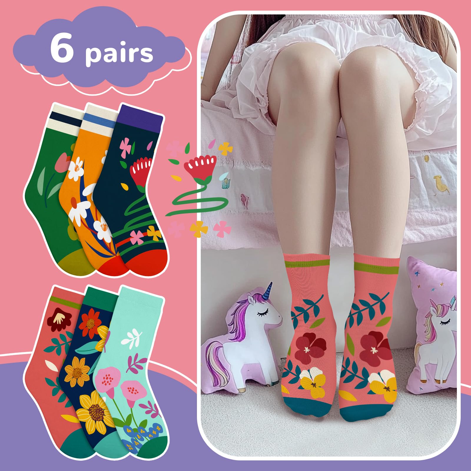Schulkind Socken Mädchen Kinder Bunte Lustige Cartoon-Blumen Motiv Neuheit Niedlich Crew-Socken 6 Paar Geschenke 3-14 Jahre Größe 25-38 Atmungsaktiv Weich