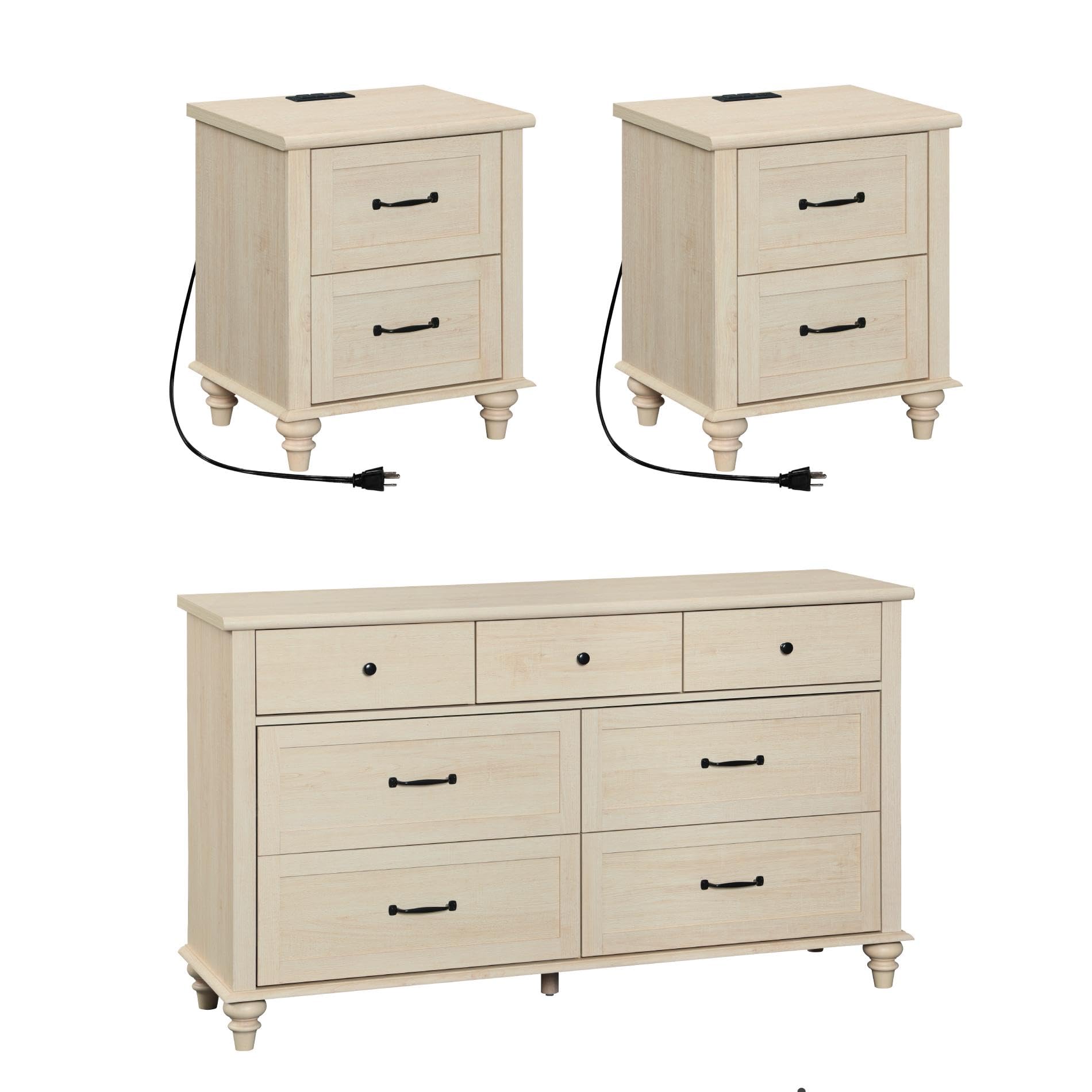 WAMPAT 3 Piece Bedroom Set - Includes 7 Drawer Dresser for Bedroom, Set of 2 Night Stands with Charging Station & Drawers, 3 Piece Dresser and