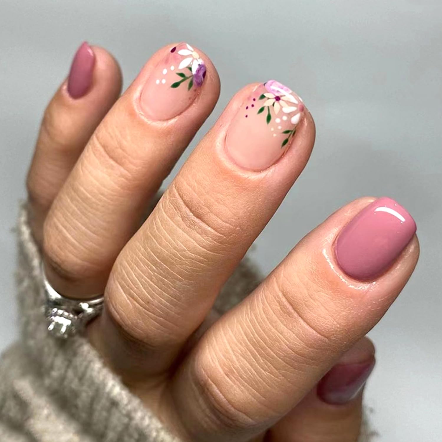 Summer Press on Nails,Short Coffin Shape Fake Nails,Pink Solid Color False Nails with Flower Design,Glossy Full Cover Stick on Nails for Women Daily