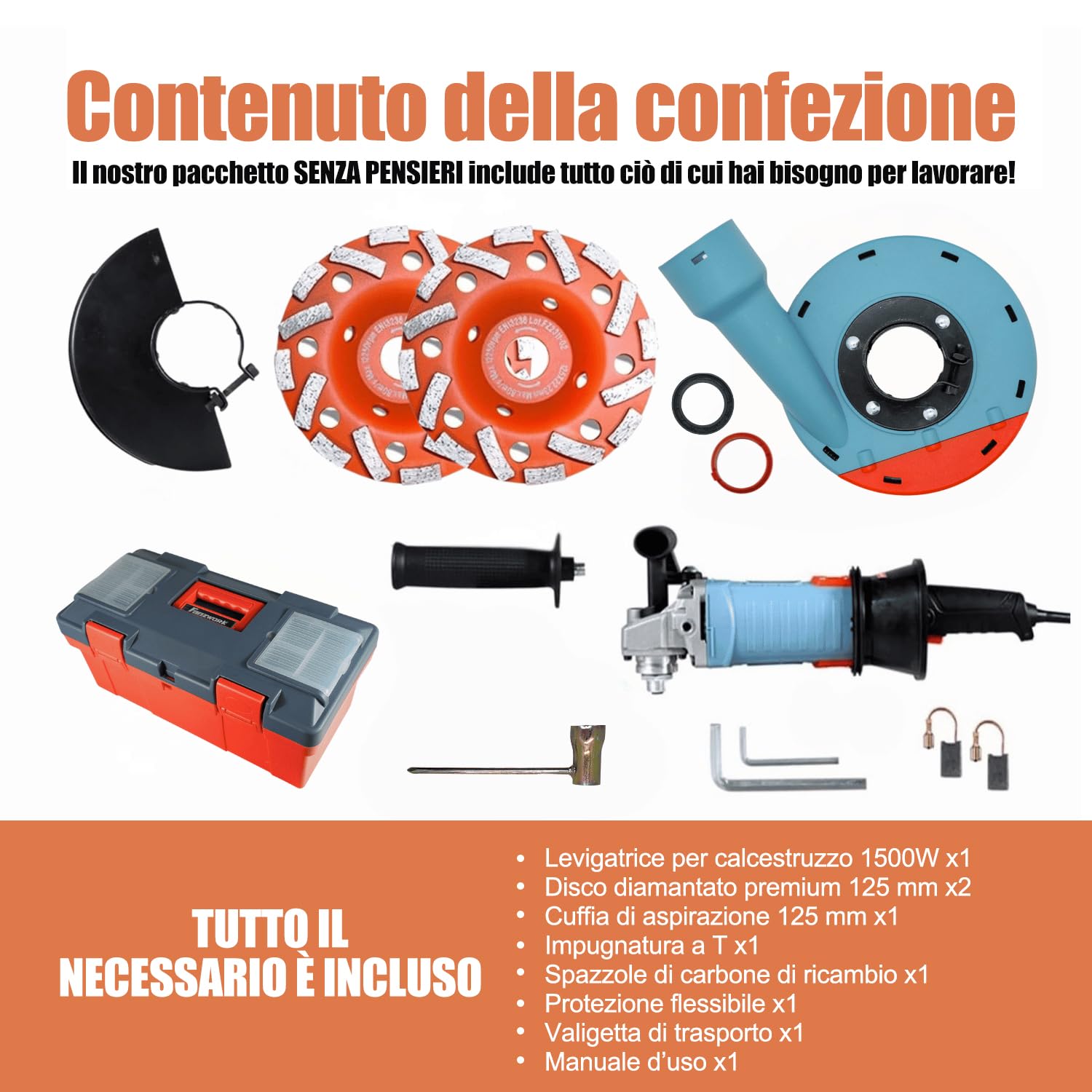 FANZWORK Levigatrice per Cemento 1500W, 2 Dischi Diamantati 125mm, Cappa Antipolvere, Manico a T, Velocità Regolabile