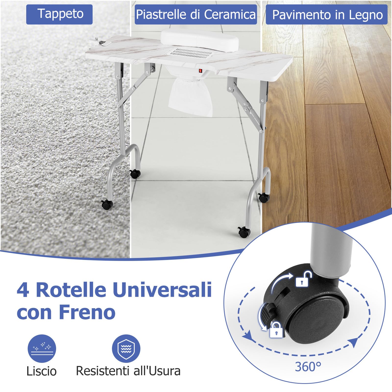 COSTWAY Tavolo per Manicure Pieghevole con Aspiratore Elettrico, Tavolo per Unghie Portatile con Luce LED, Cuscino Poggia Polso Clienti, Borsa e 4 Ruote Bloccabili (Bianco)