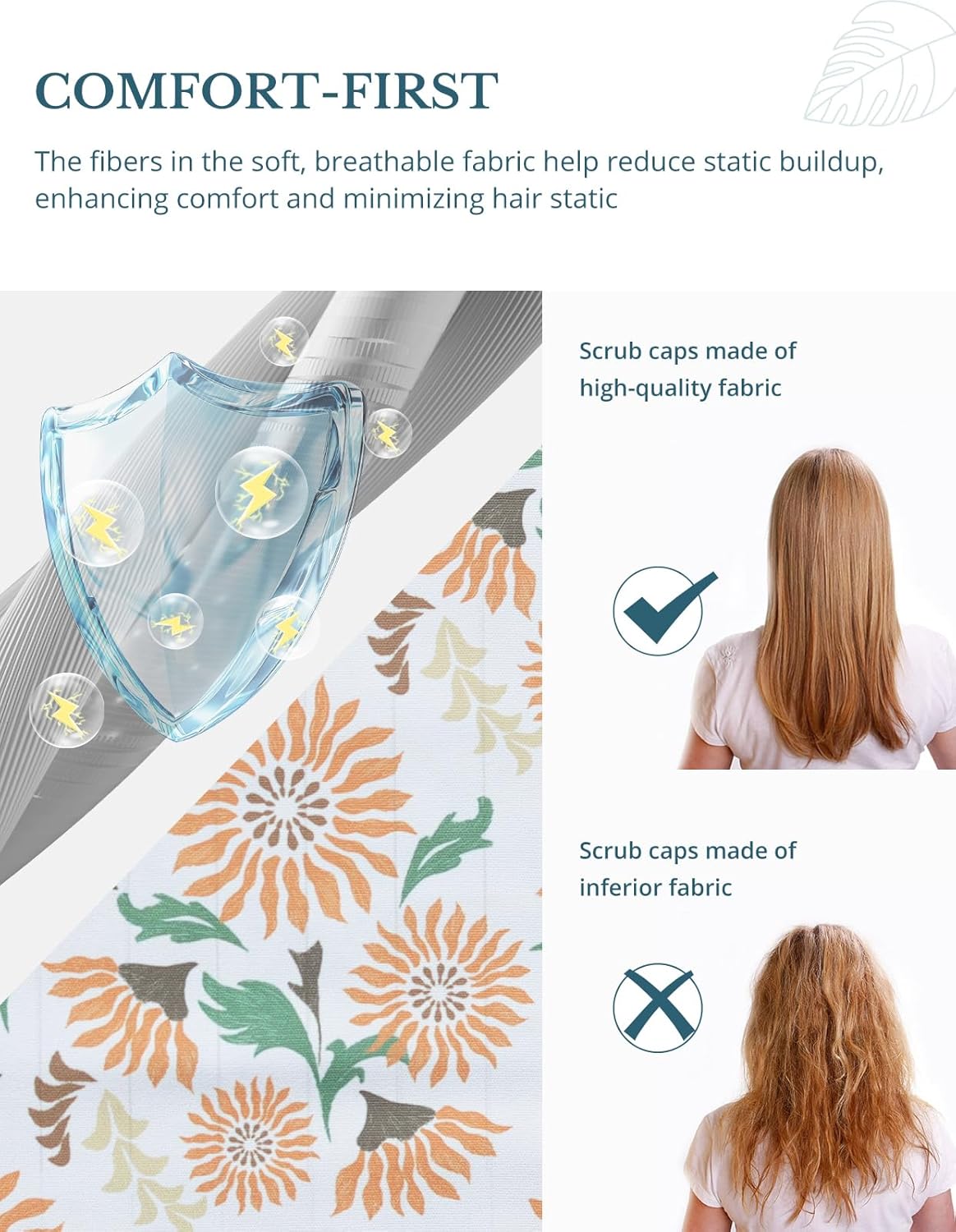 Scrub Caps Women Ponytail – Floral Sunshine Double-Sided Printed Surgical Hat with Buttons and Sweatband, Soft Nurse Cap for Long Hair, Helps Reduce Static Buildup - Image 3