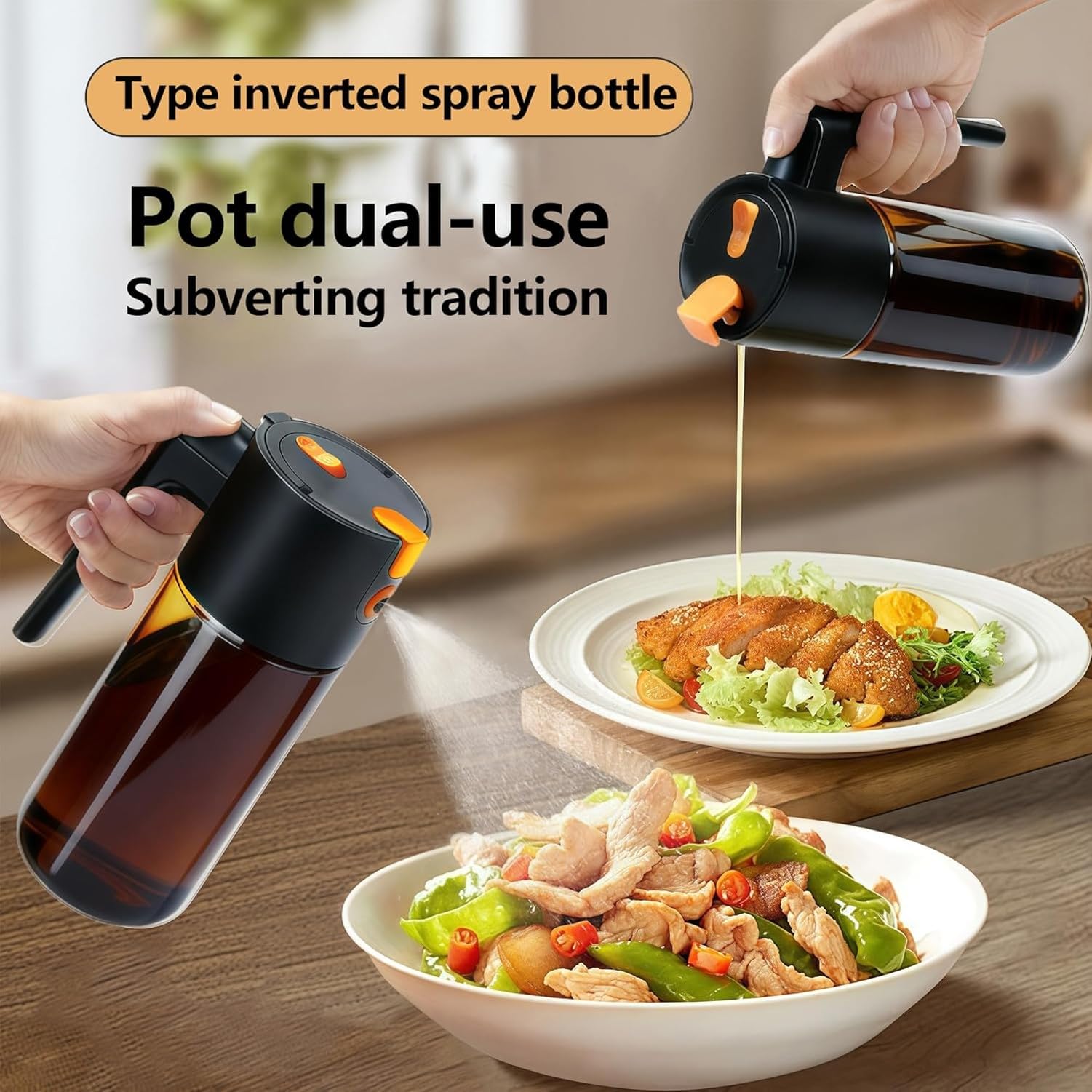 Dispensador de Aceite de Cocina Pulverizador, Aceitera de Vidrio, Rociador Continuo Multiuso para Ensaladas y Sartenes, Negro