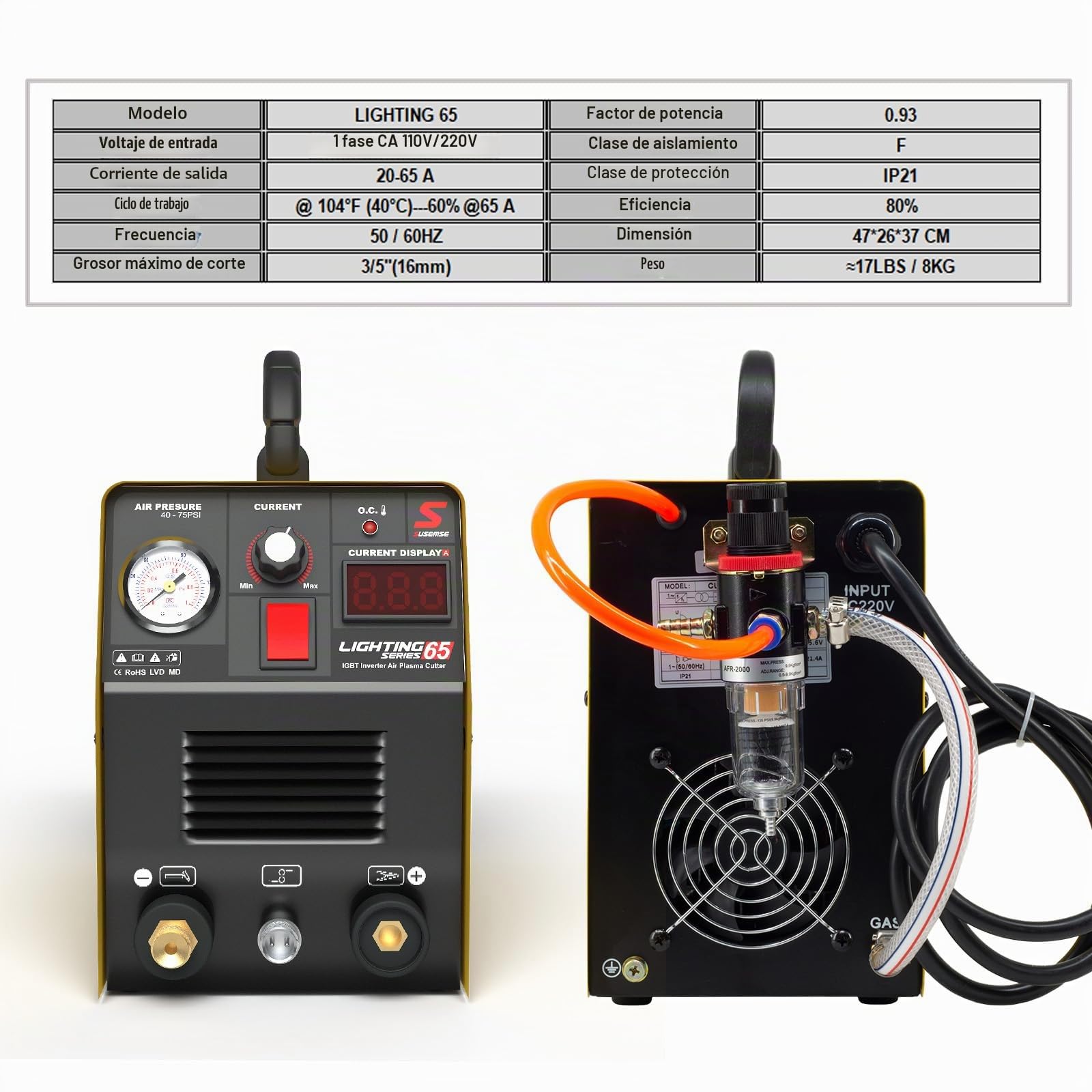 SUSEMSE Cortador de plasma de 65 amperios IGBT Inverter Plasma (DC, 230 V, corriente de corte 20-65 A, potencia de corte máx. hasta 16 mm)