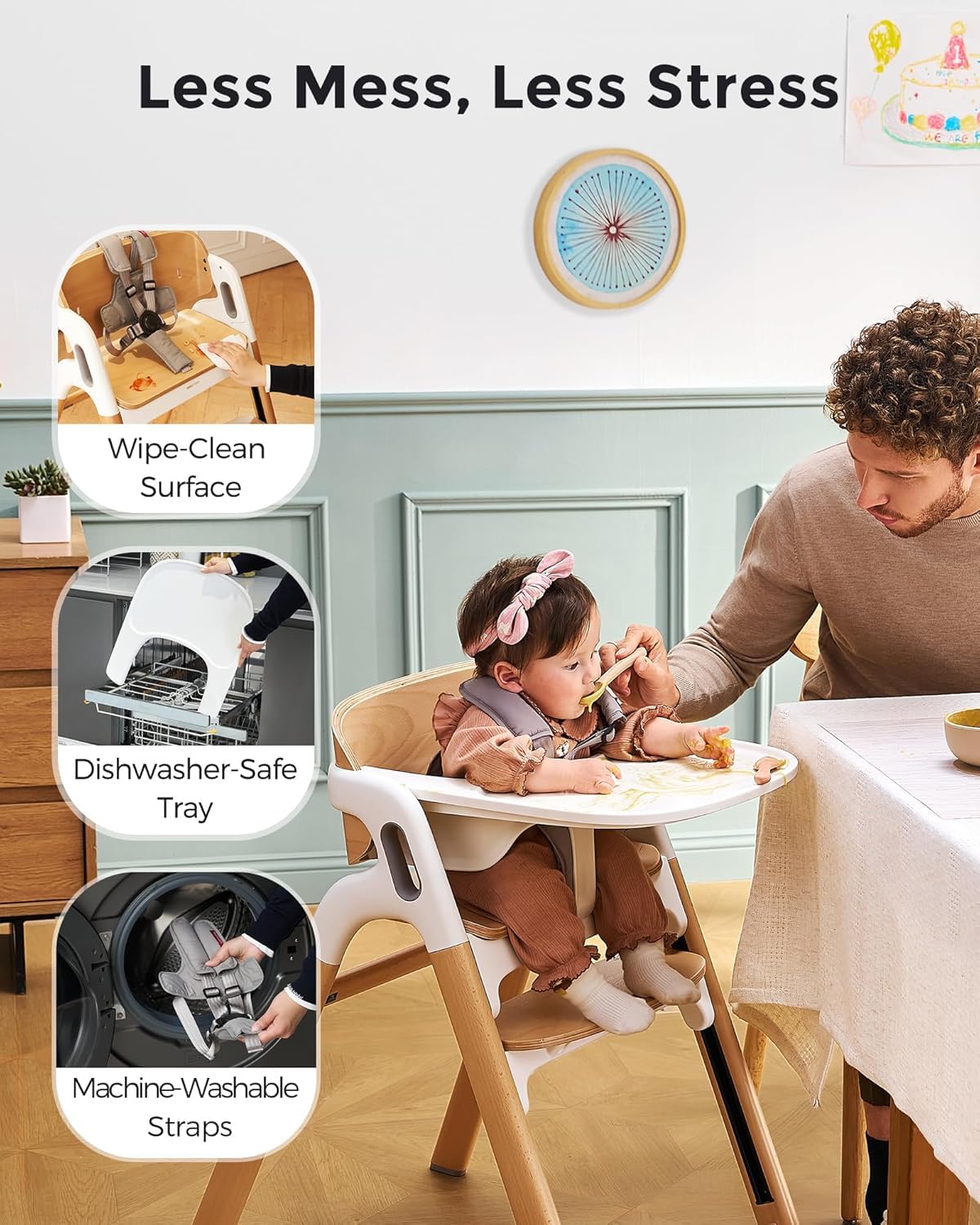 Momcozy DinerPal Drewniane krzesełko dla niemowląt, małych dzieci i dorosłych do 140 kg, rozkładane krzesełko dla niemowląt z tacą klasy spożywczej, nadaje się do mycia w zmywarce, regulowane i