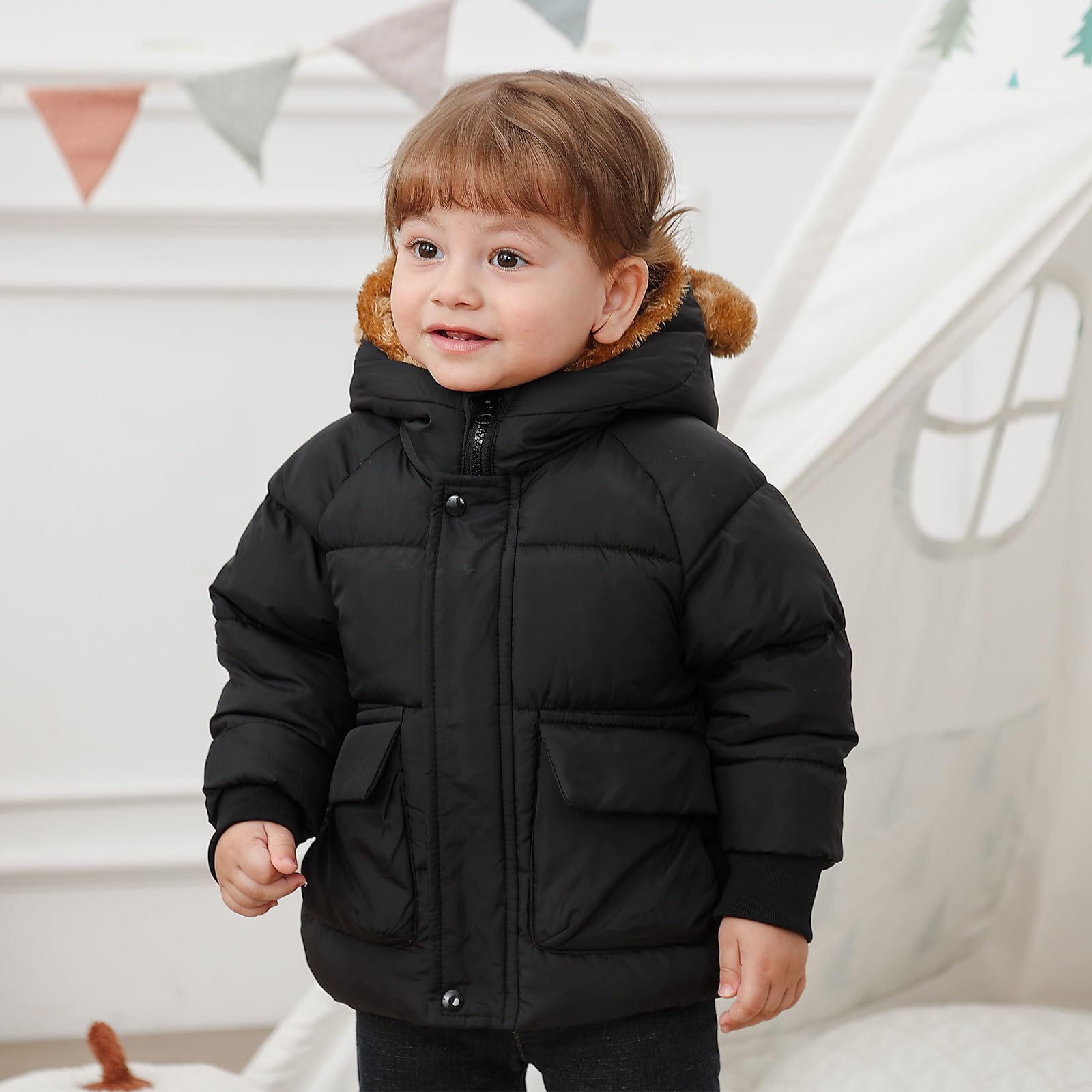SFreeBo Veste d'hiver pour bébé, veste polaire pour filles et garçons, veste à capuche avec oreilles d'ours et poches, vêtements d'hiver doublés en peluche, 6 mois à 5 ans