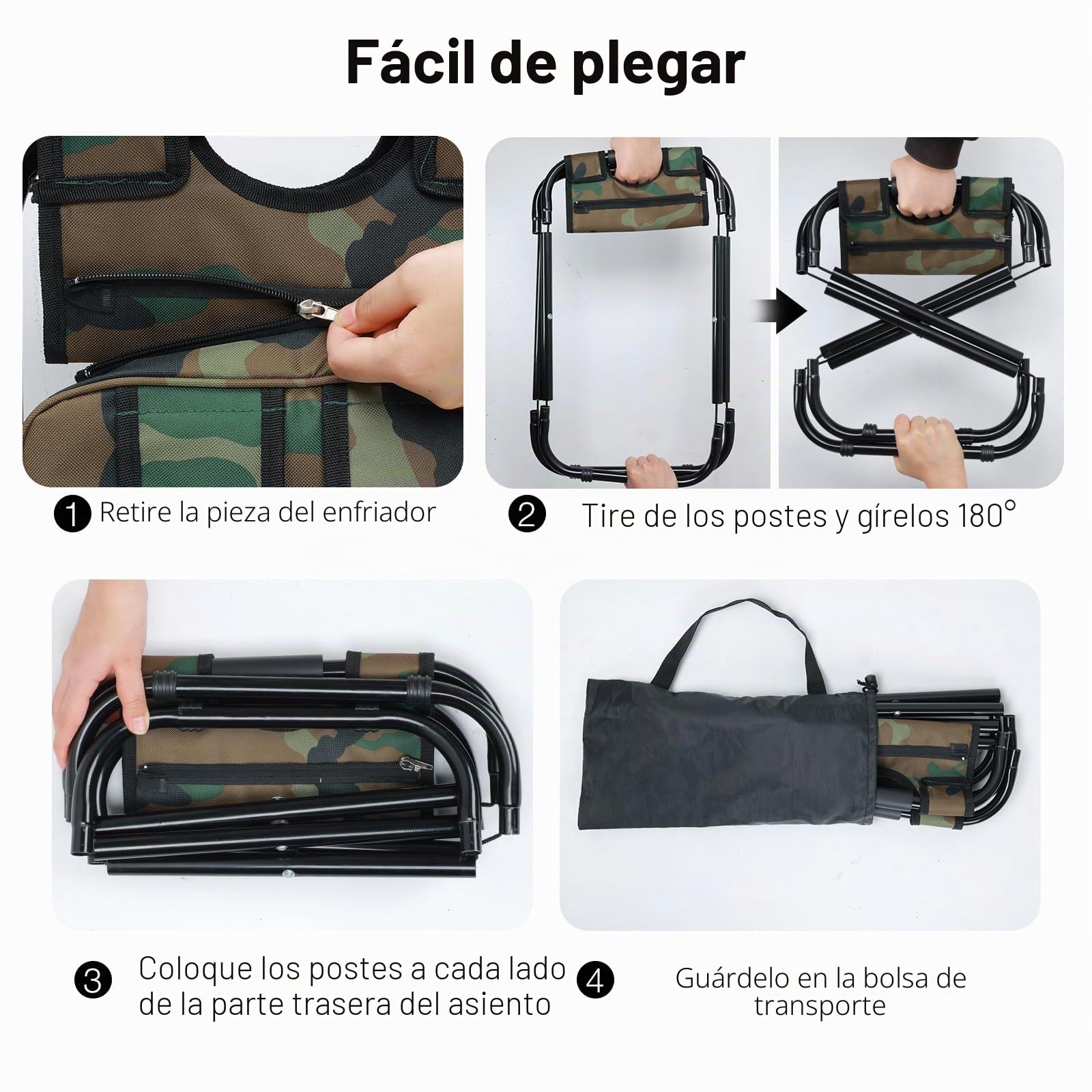 Taburete mochila nevera plegable y ligero, resistente hasta 159 kg para camping, silla de pesca portátil desmontable con mochila nevera, camuflaje