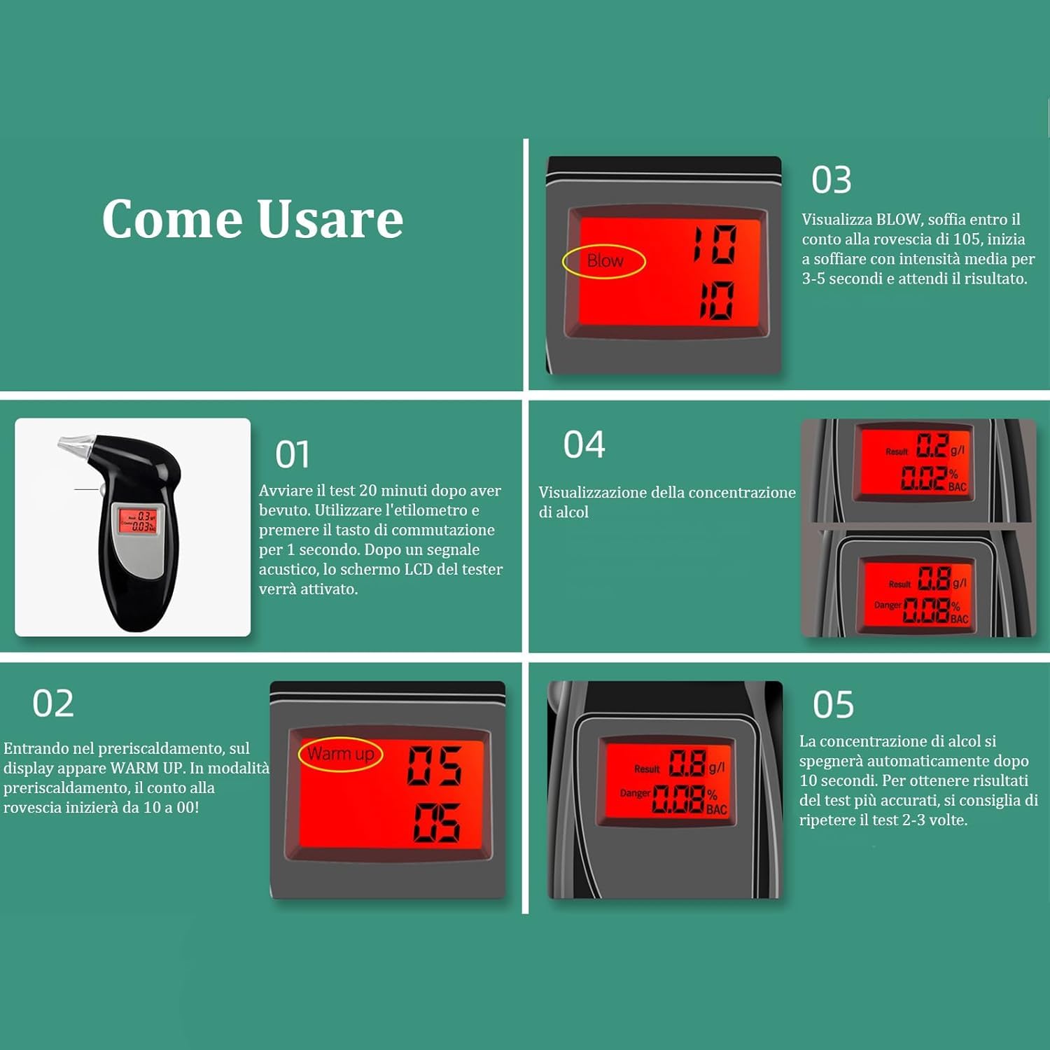 Etilometro Digitale Portatile Professionale – Tester Alcool per Auto, con Display LCD, 5 Bocchini, Allarme, Spegnimento Automatico – Preciso e Facile da Usare per Uso Domestico e Professionale