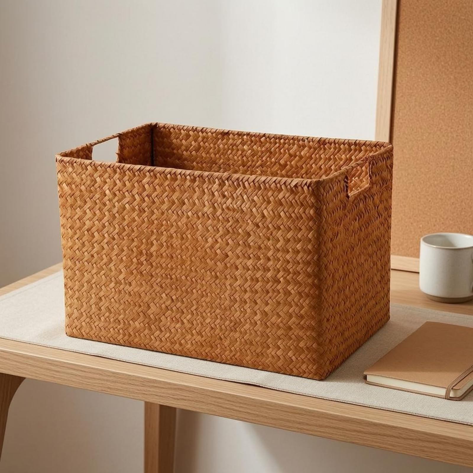 Kunststoffbox mit Grifföffnungen gewebte Struktur geflochtene Aufbewahrungsbox rechteckig Korbbox mit Deckel für Arbeitszimmer, Braun, 44x30x29 Cm