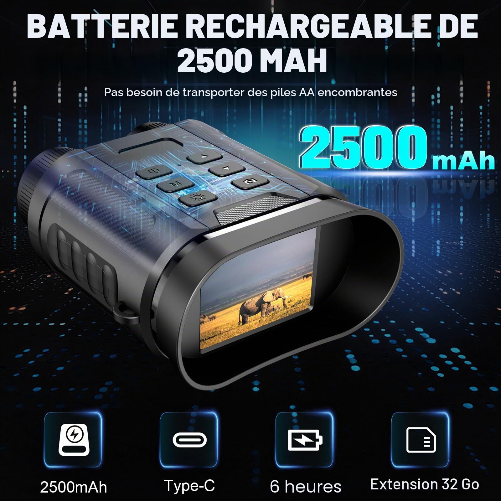 Jumelle Vision Nocturne 4K 48MP, Jumelles Infrarouges avec 7 Niveaux, Zoom Numérique 8X avec 2,4" TFT LCD, Batterie Rechargeable 2500mAh avec Carte 32GB, pour Observation des Animaux