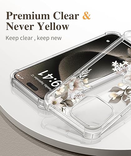 Miniatura 3 de GVIEWIN Funda para iPhone 15 Pro floral, con protector de pantalla + protector de lente de cámara, no se pone amarillenta delgada y a prueba de