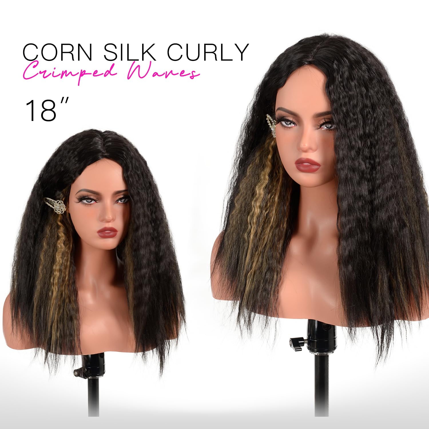 BrittyHair Yaki Straight Wig Kinky Straight Corn Silk Wig 18 Inch Yaki Crimped Waves Synthetic Yaki Wigs for Black Women Wear And Go Glueless Wig (Black Mixed Blonde, 18 Inch)
