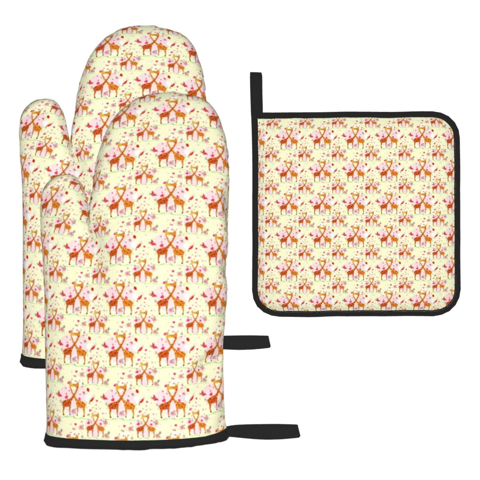 Giraffe Heart Flower Butterfly Print Oven Mitts Kitchen Gloves Set Everyday Baking Grilling Microwaving Cooking Gift