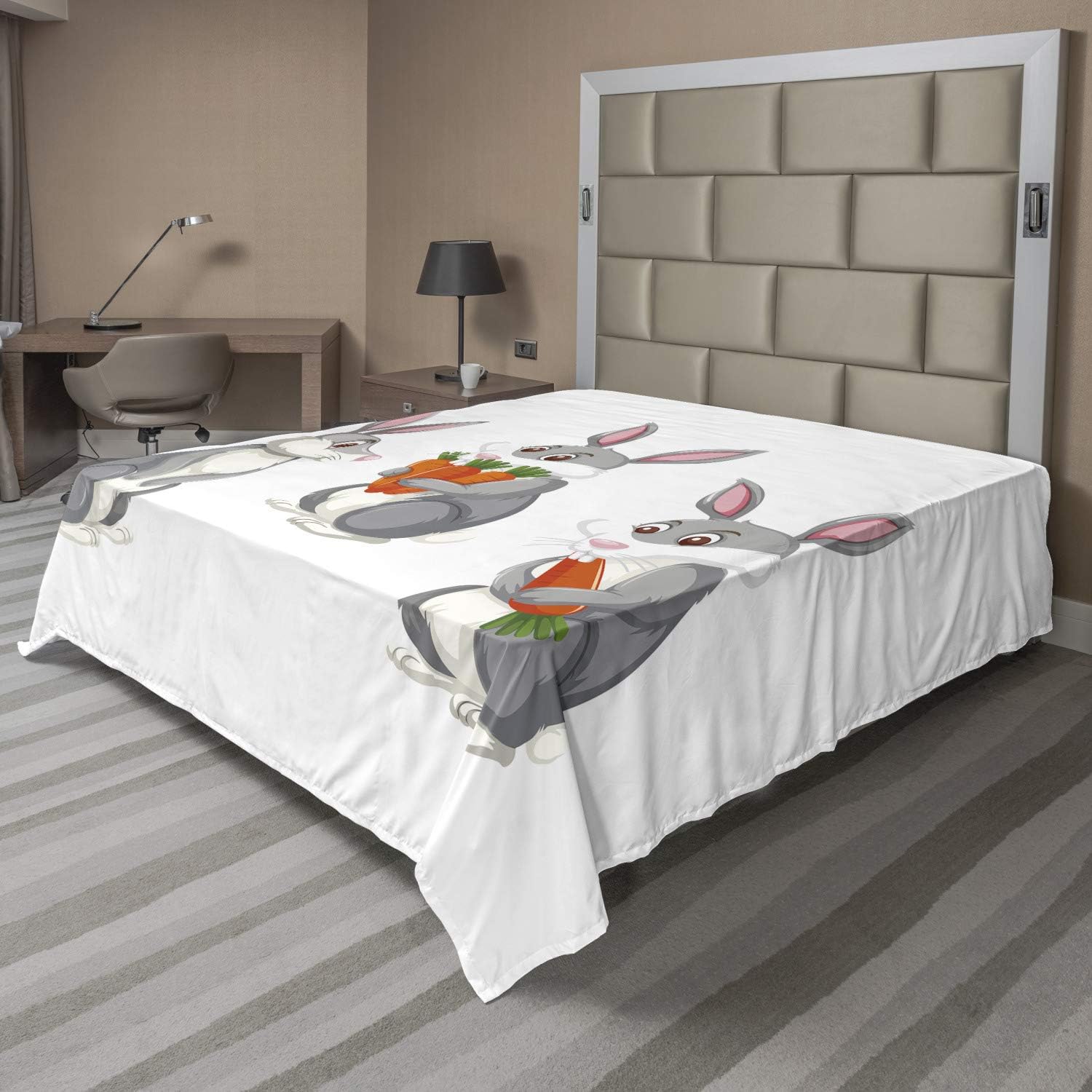 Ambesonne Easter Bunny Flat Sheet, Funny 3 Rabbits Cartoon for Holiday, Soft and Comfortable Top Sheet Decorative Bedding 1 Piece, Full Size, White Multicolor